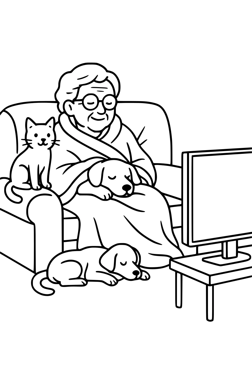 Grandma with glasses under a blanket on a sofa, cat on armrest, dog on her lap, another dog asleep on floor, TV on stand.