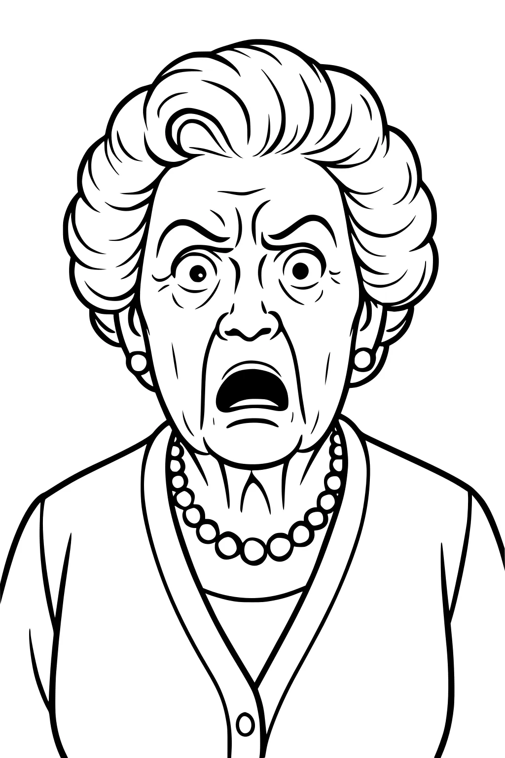 Cartoon line art of a surprised grandma with wide eyes, open mouth, wavy hair, pearl necklace, earrings, and a cardigan.