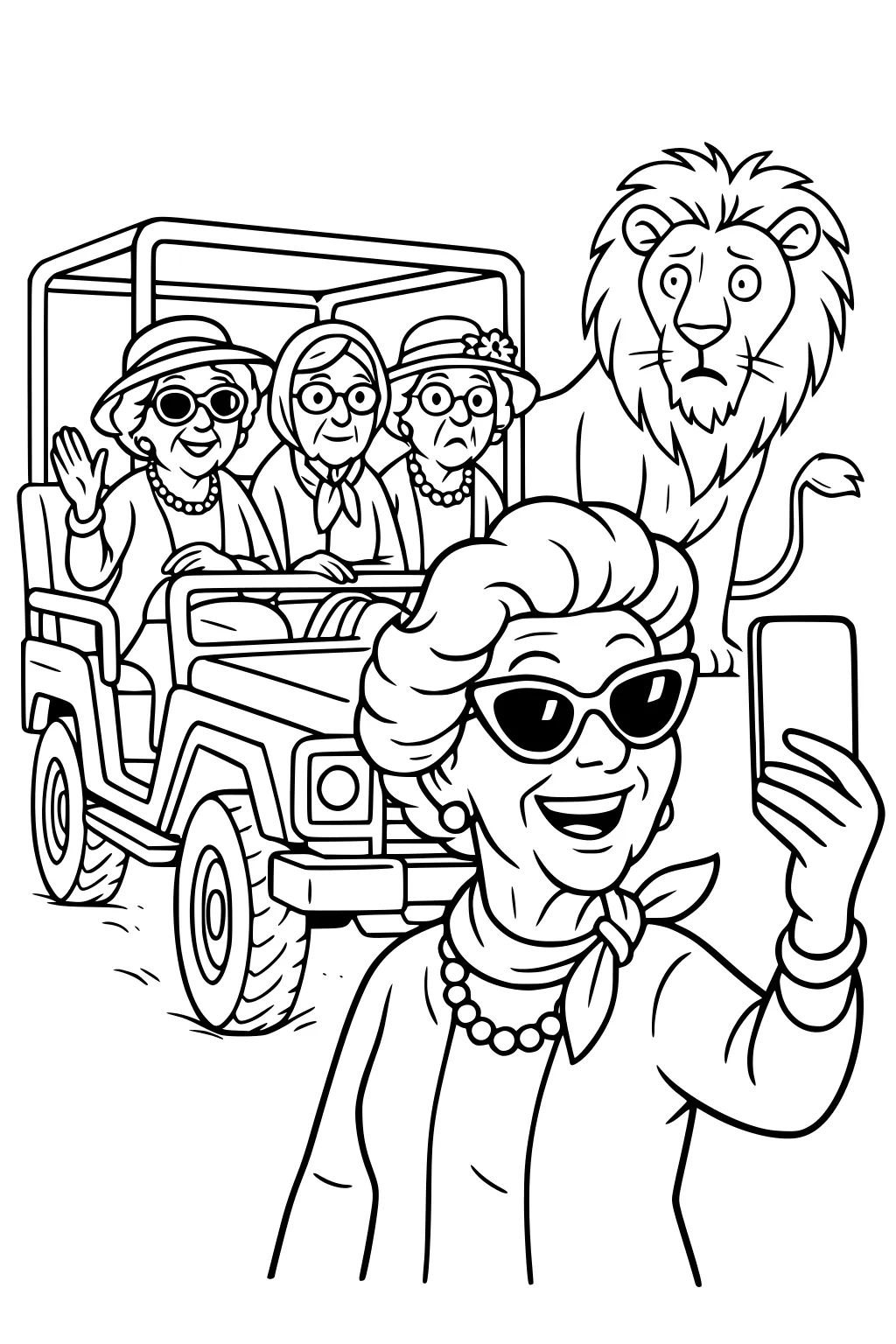 Grandmas in a safari jeep; one takes a selfie while a big-maned lion stands beside them. Hats, pearls, sunglasses, open-top vehicle.