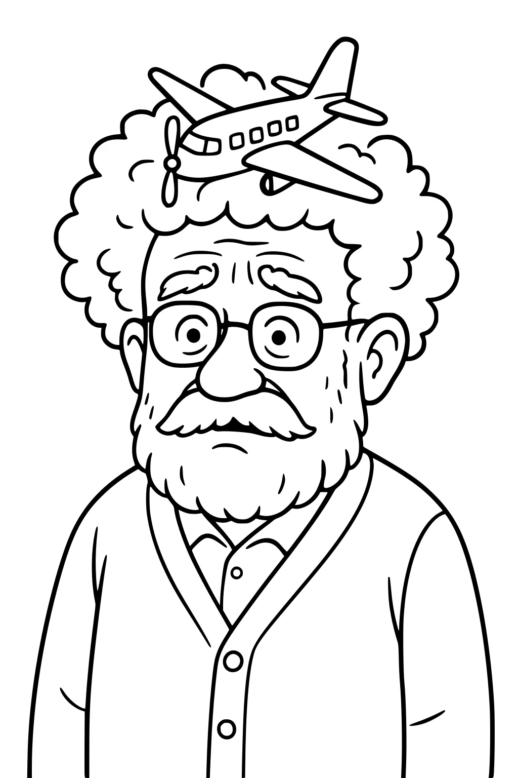 Cartoon grandpa with curly hair, glasses, and beard in a buttoned cardigan; small airplane flies above his head with clouds.