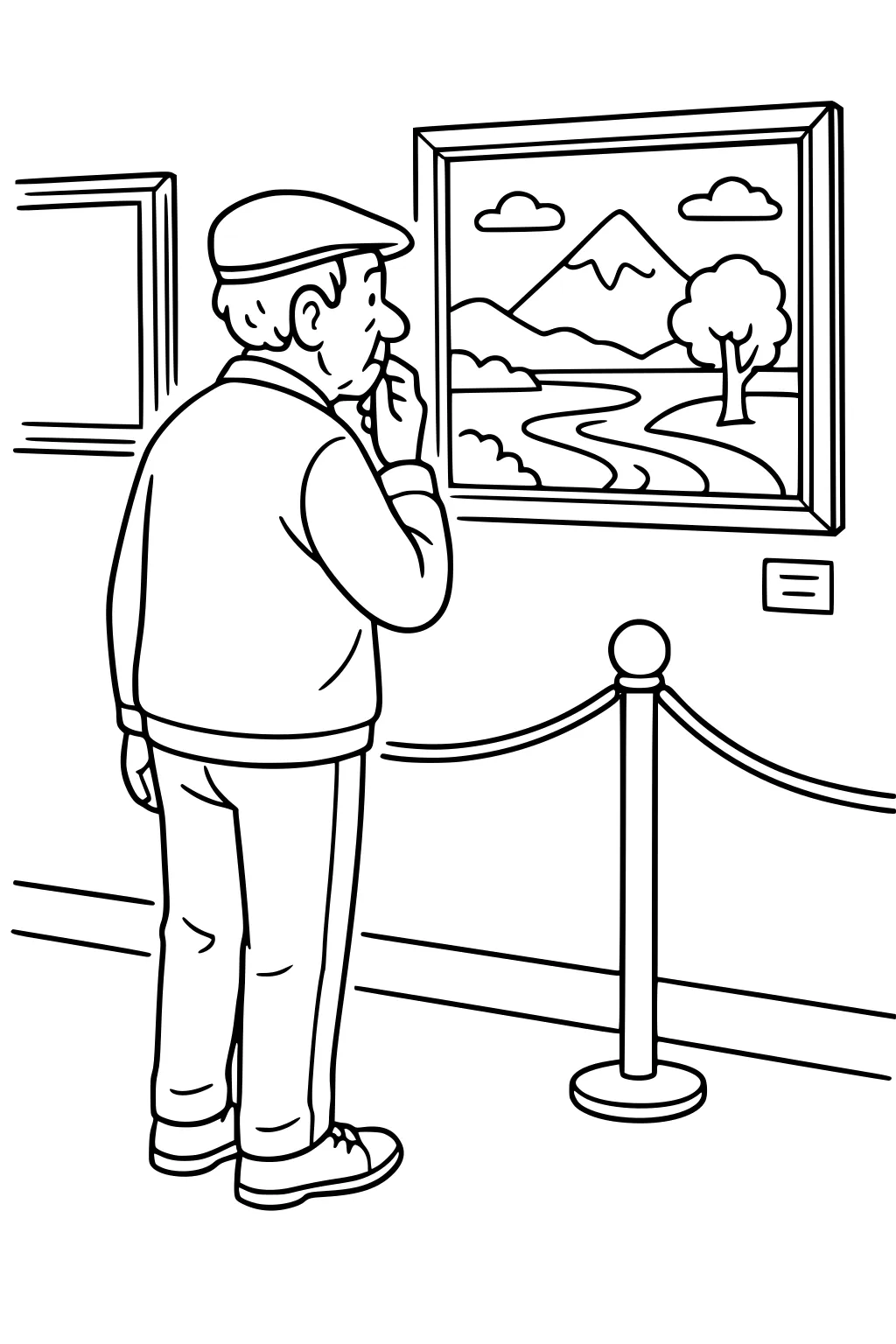 Elderly man in a cap viewing a framed mountain landscape in a museum with rope barrier, river, clouds, tree, and wall plaque.