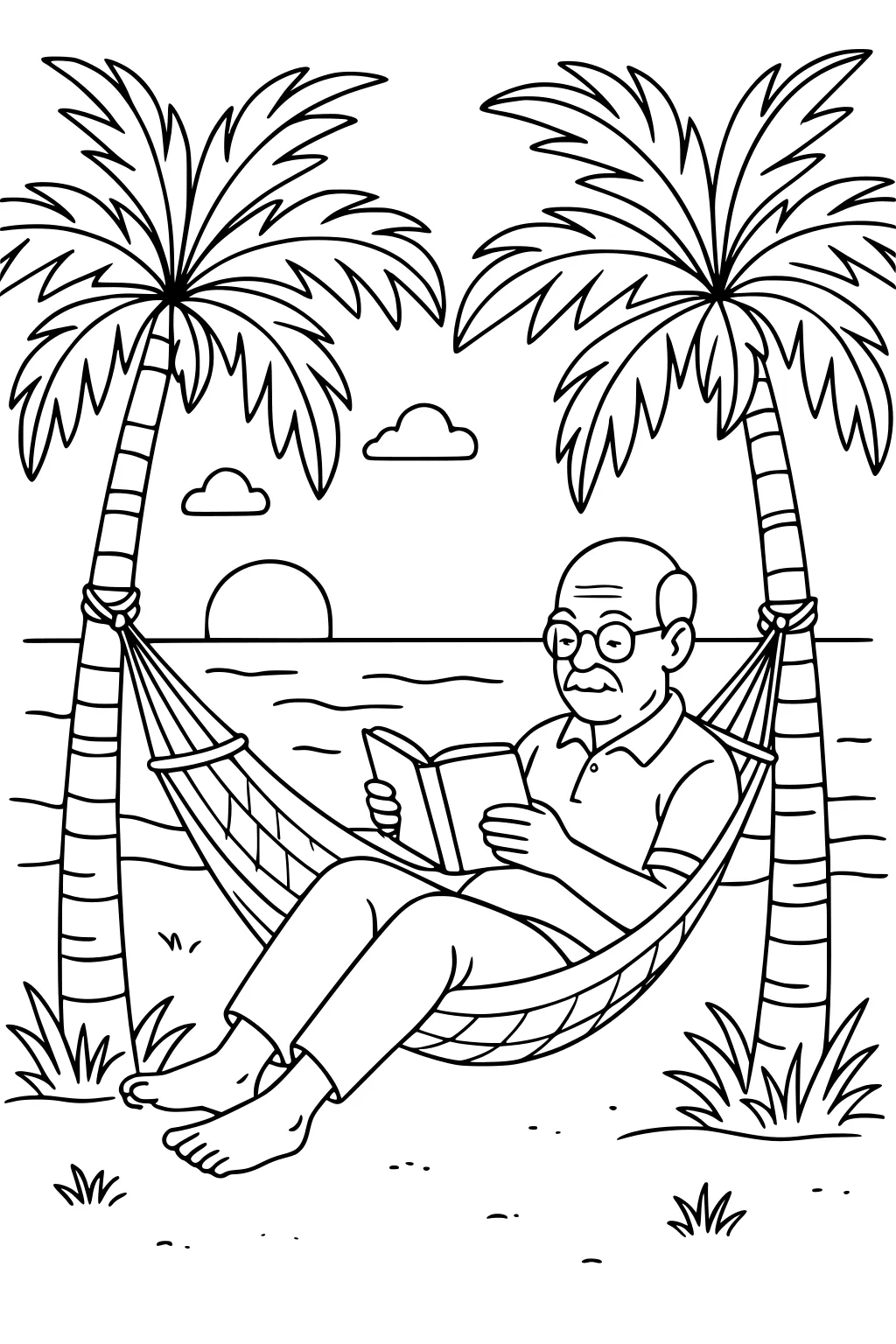 Retired grandpa reads in a hammock between two palm trees on a beach at sunset, with small waves, clouds, and tufts of grass.