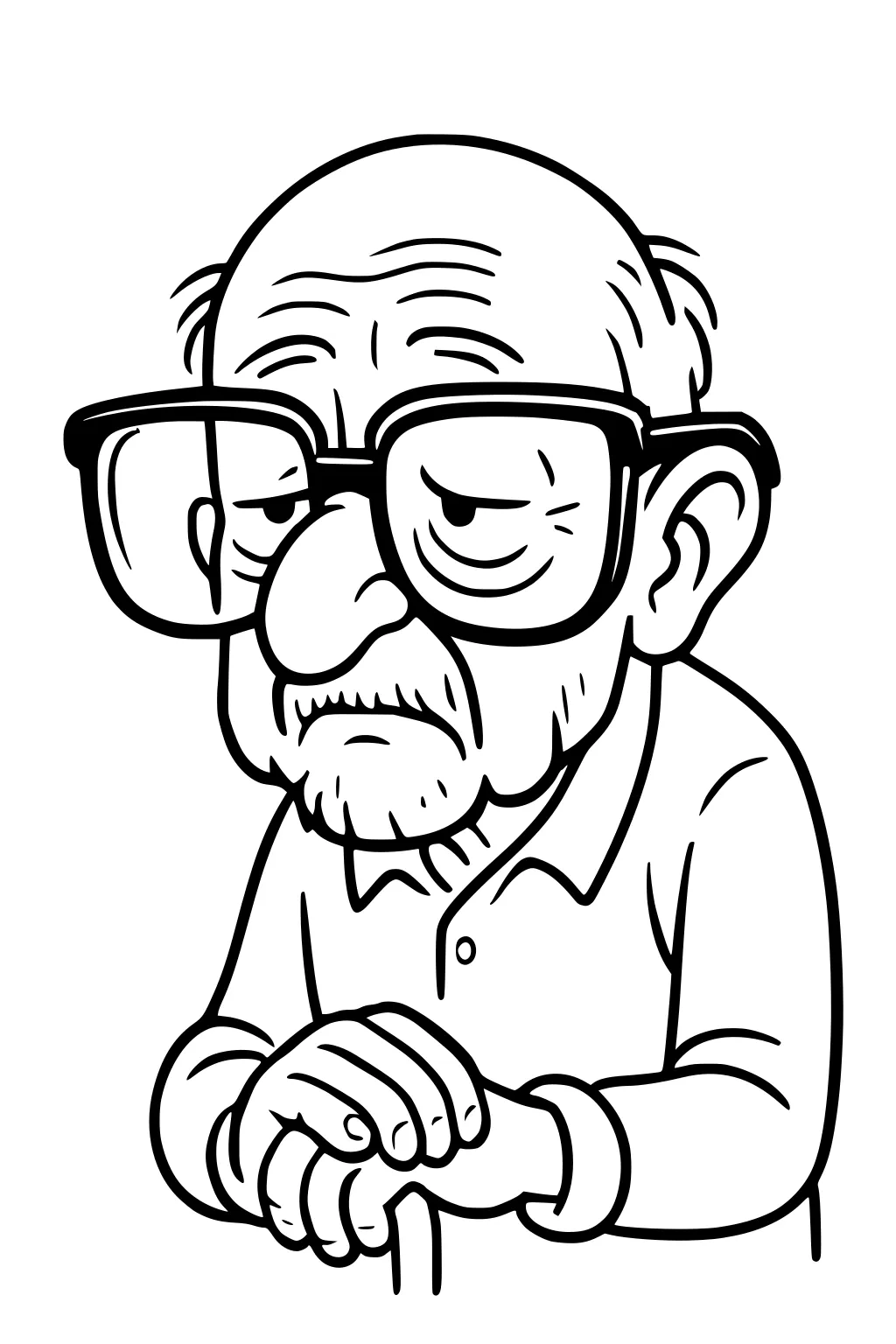 Cartoon elderly grandpa with big square glasses, bald head, collared shirt, hands folded on a cane, calm face with wrinkles.