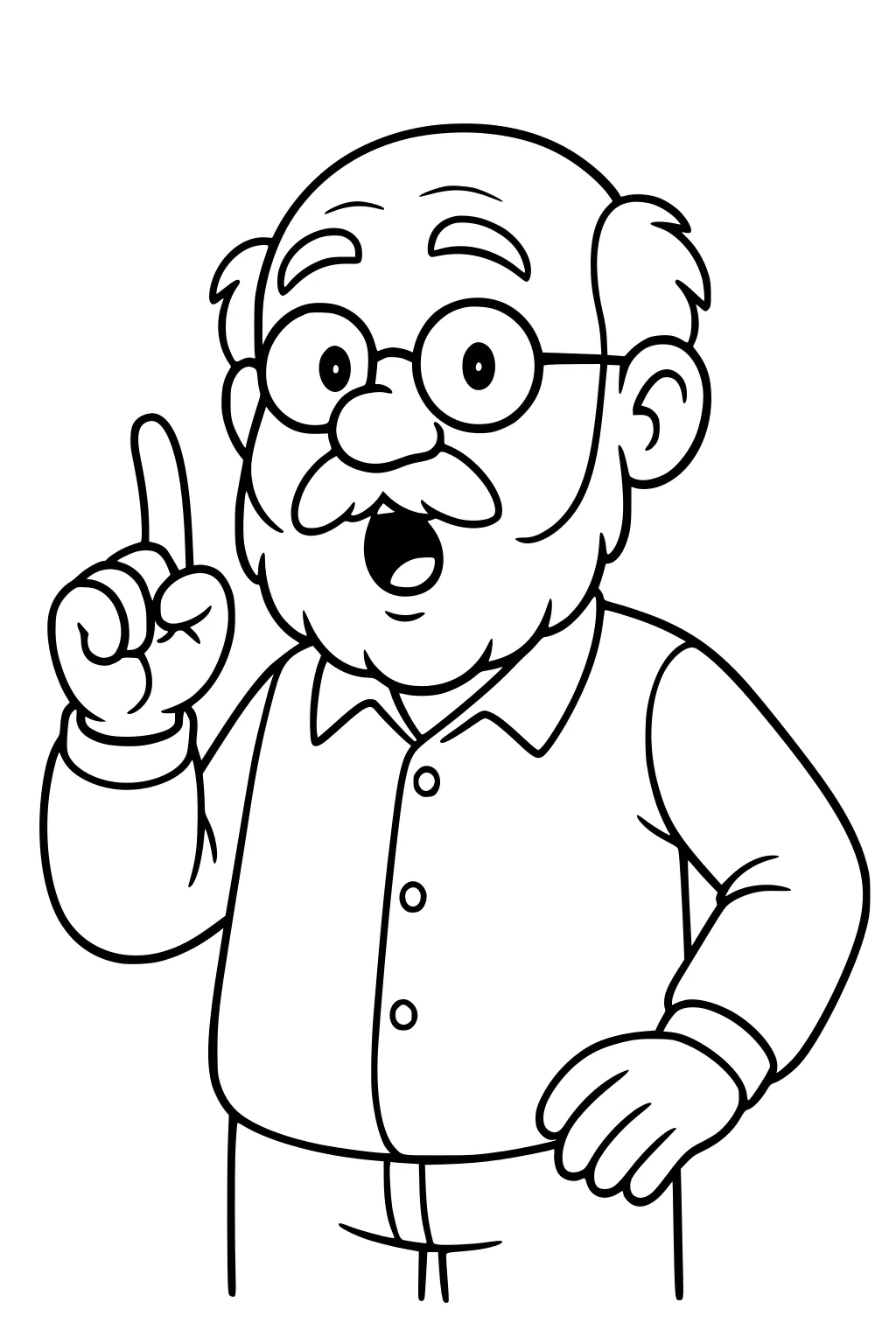Cartoon grandpa with glasses, mouth open, raises one finger, in a buttoned long-sleeve shirt; bold line art.