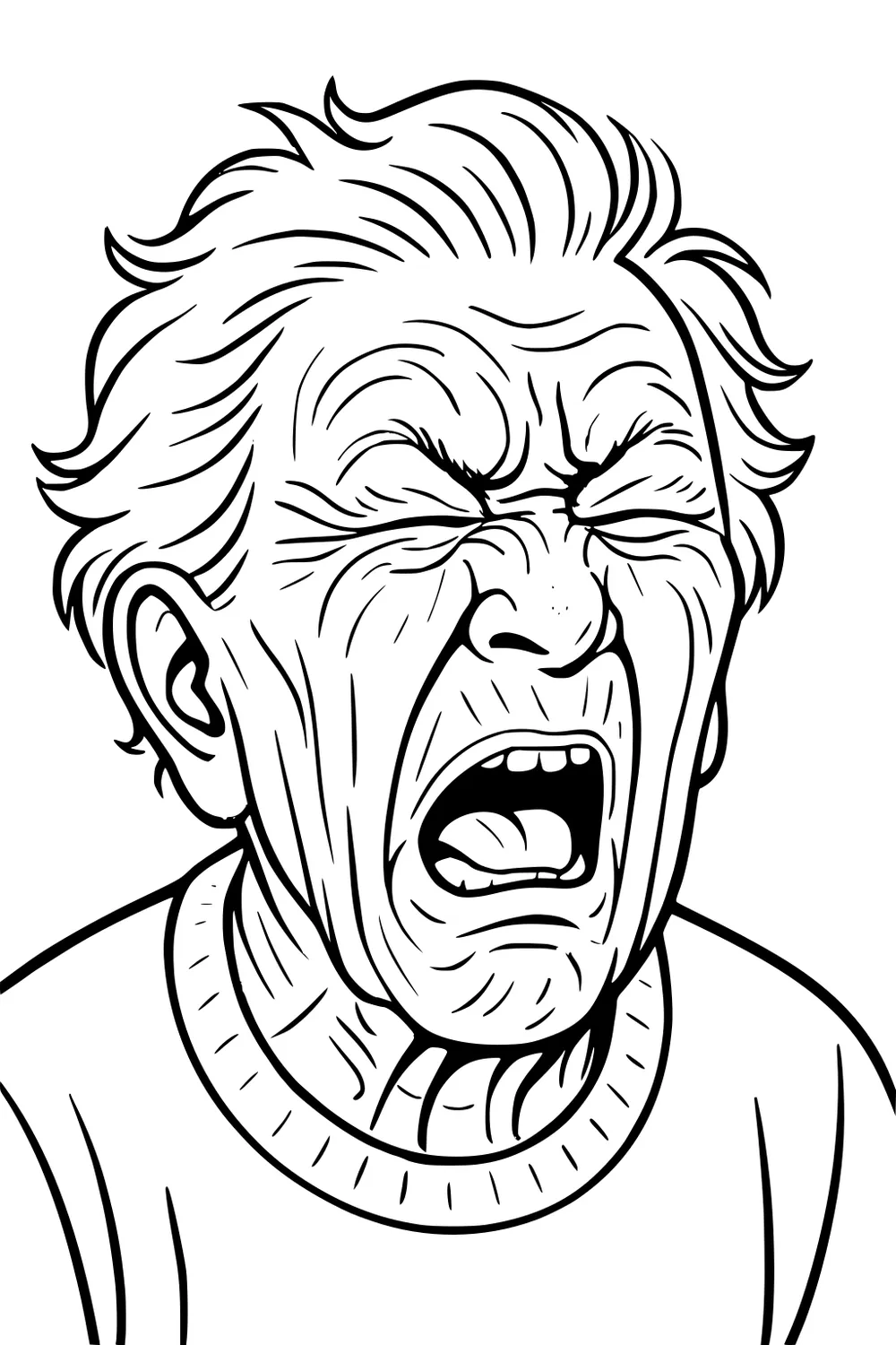 Elderly man, eyes shut and mouth wide in a yawn; tongue and teeth showing, tousled hair, crewneck sweater, bold line art.