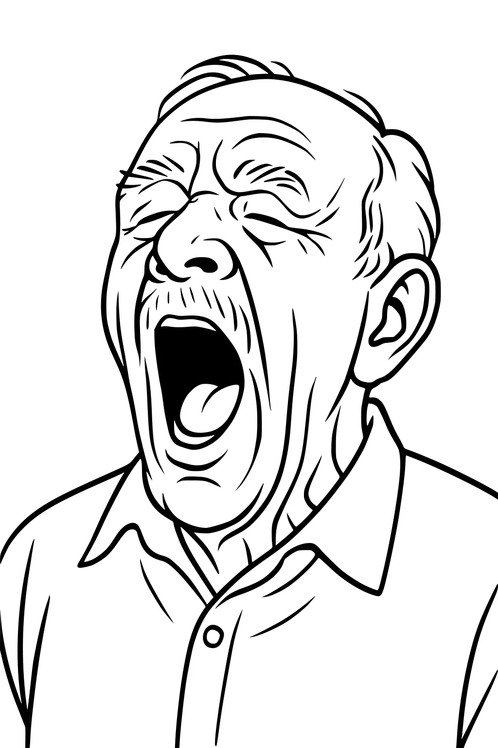 Line art of an elderly man yawning, eyes closed, open mouth with tongue, mustache, short hair, and a collared shirt.