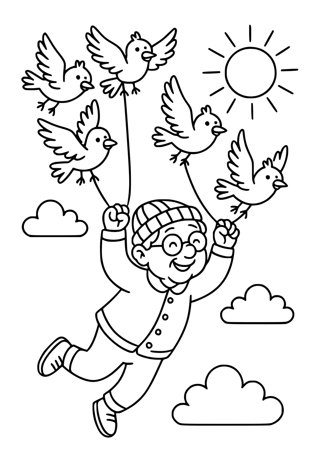 Grandpa in beanie and glasses floats as five birds tug strings; sun and puffy clouds fill the sky.