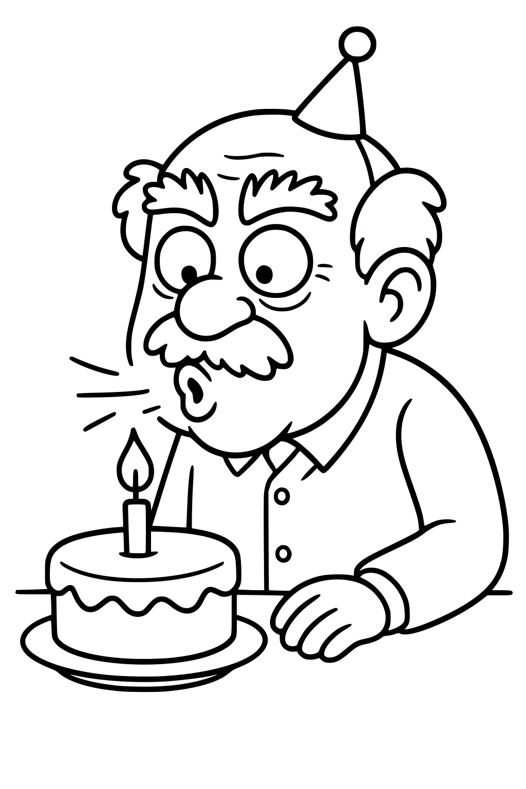 Cartoon grandpa in a party hat blows out a candle on a frosted cake, hand on table, wide eyes, button-up shirt.