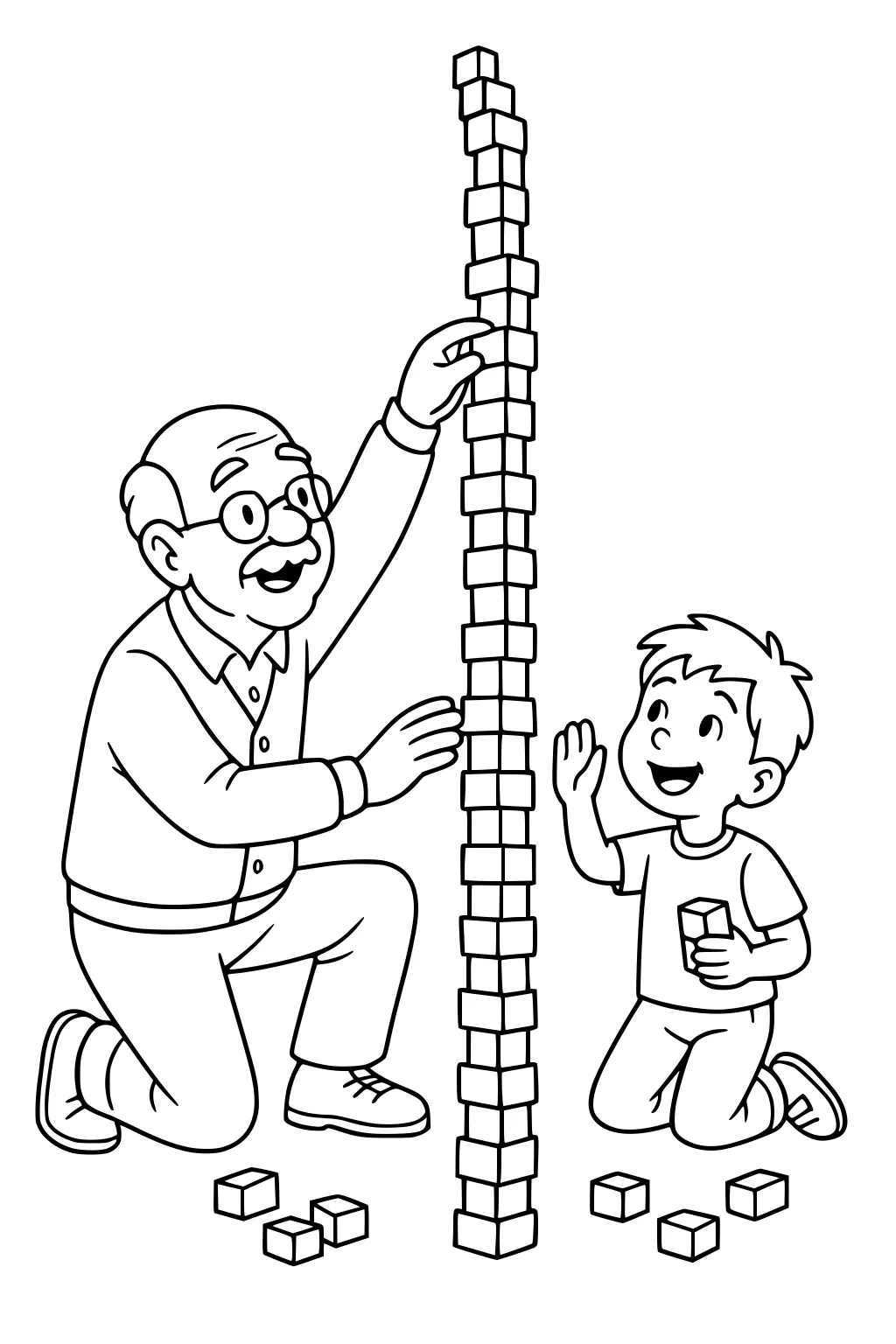 Grandfather and boy kneel, stacking a tall block tower together, smiling, with extra cubes scattered on the floor.