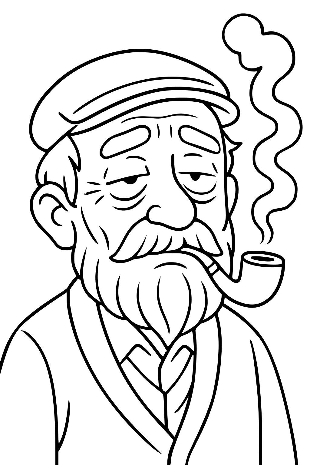 Cartoon grandfather in flat cap with mustache, long beard, and pipe; wavy smoke; wearing cardigan and tie, close-up portrait.