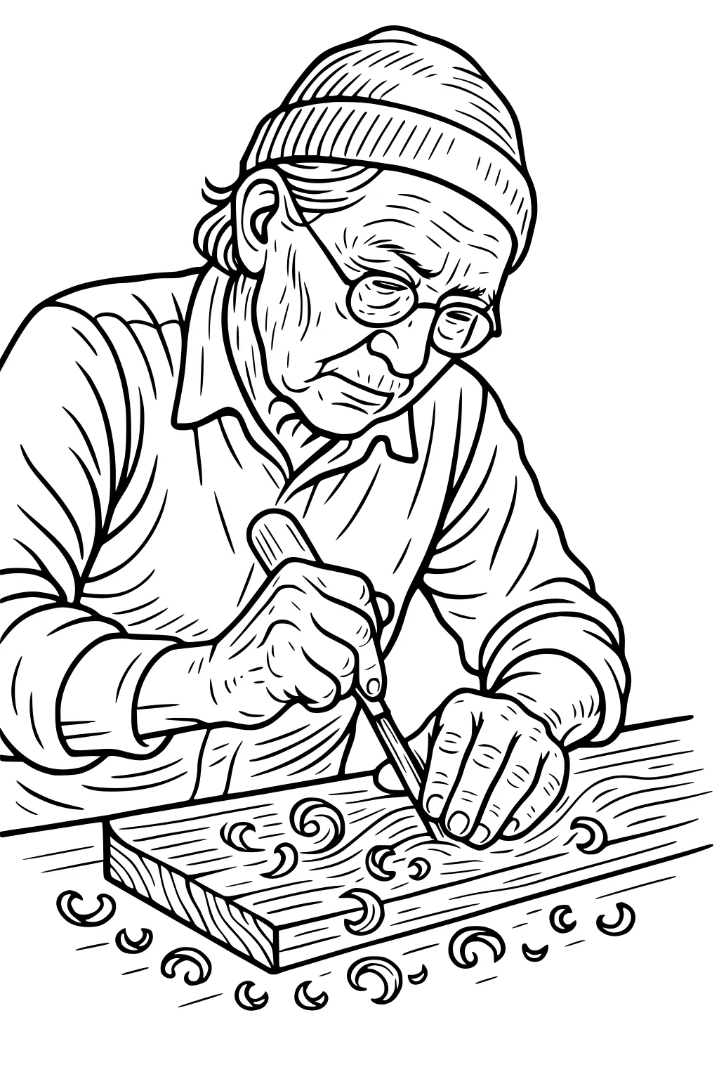 Elderly grandfather wearing a beanie and glasses chisels a wooden plank; rolled-up sleeves and curled shavings scatter.