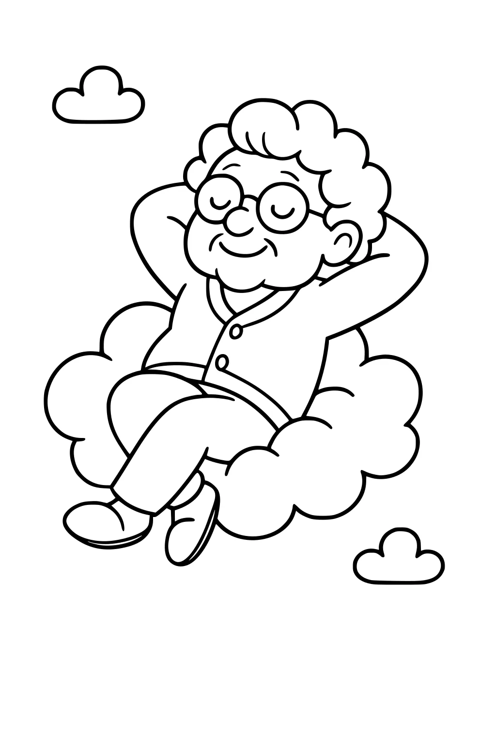 Grandfather with glasses relaxing on a fluffy cloud, hands behind head, small clouds around, simple cartoon outline.