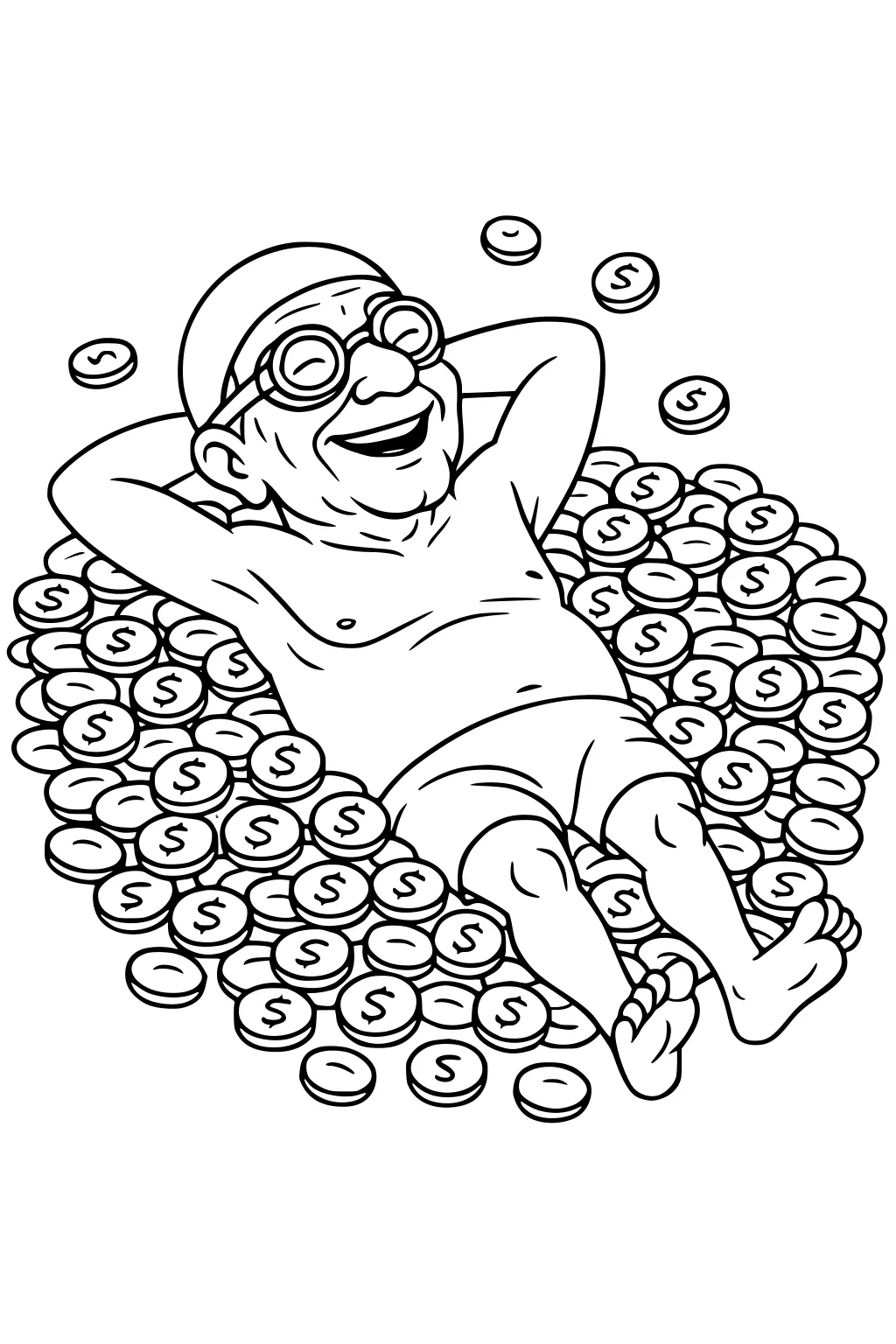 Elderly man in swim cap and goggles reclines on a mound of dollar-sign coins, hands behind head, smiling, bare feet visible.