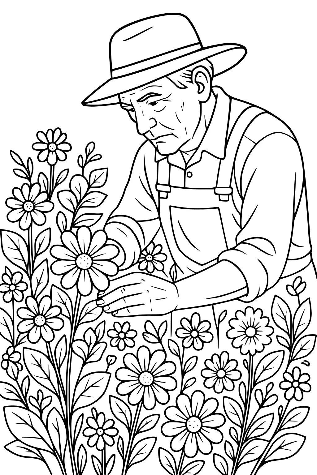Elderly man in hat and overalls tending a daisy among tall flowers and leaves, sleeves rolled up, calm focused face.