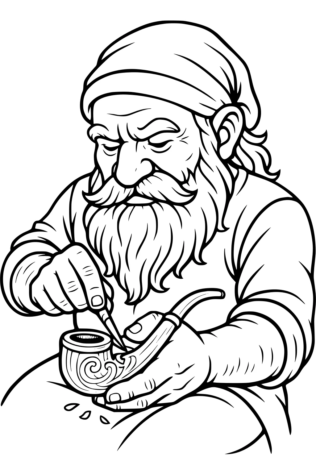Bearded dwarf in headscarf packs a carved pipe with a small tool; crumbs fall on his lap; curved stem and spiral bowl.