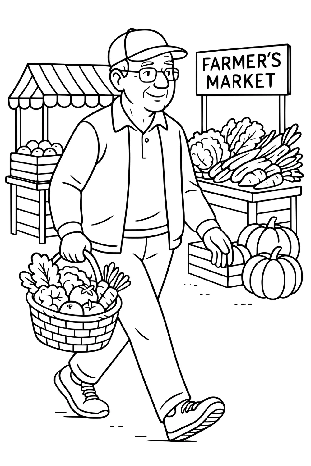 Elderly grandpa in cap and glasses walks with a basket at a farmer's market; produce stalls, pumpkins, and a market sign.