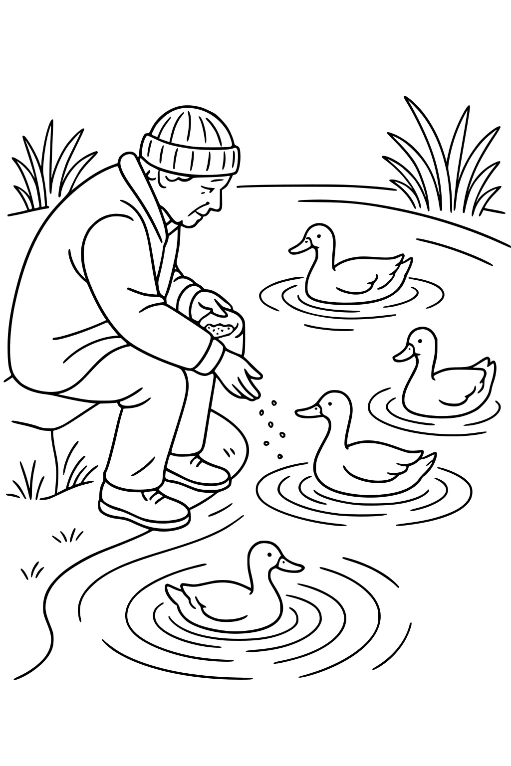Grandpa in a knit hat feeds four ducks at a park pond, seated by the shore with water ripples and reeds in the background.