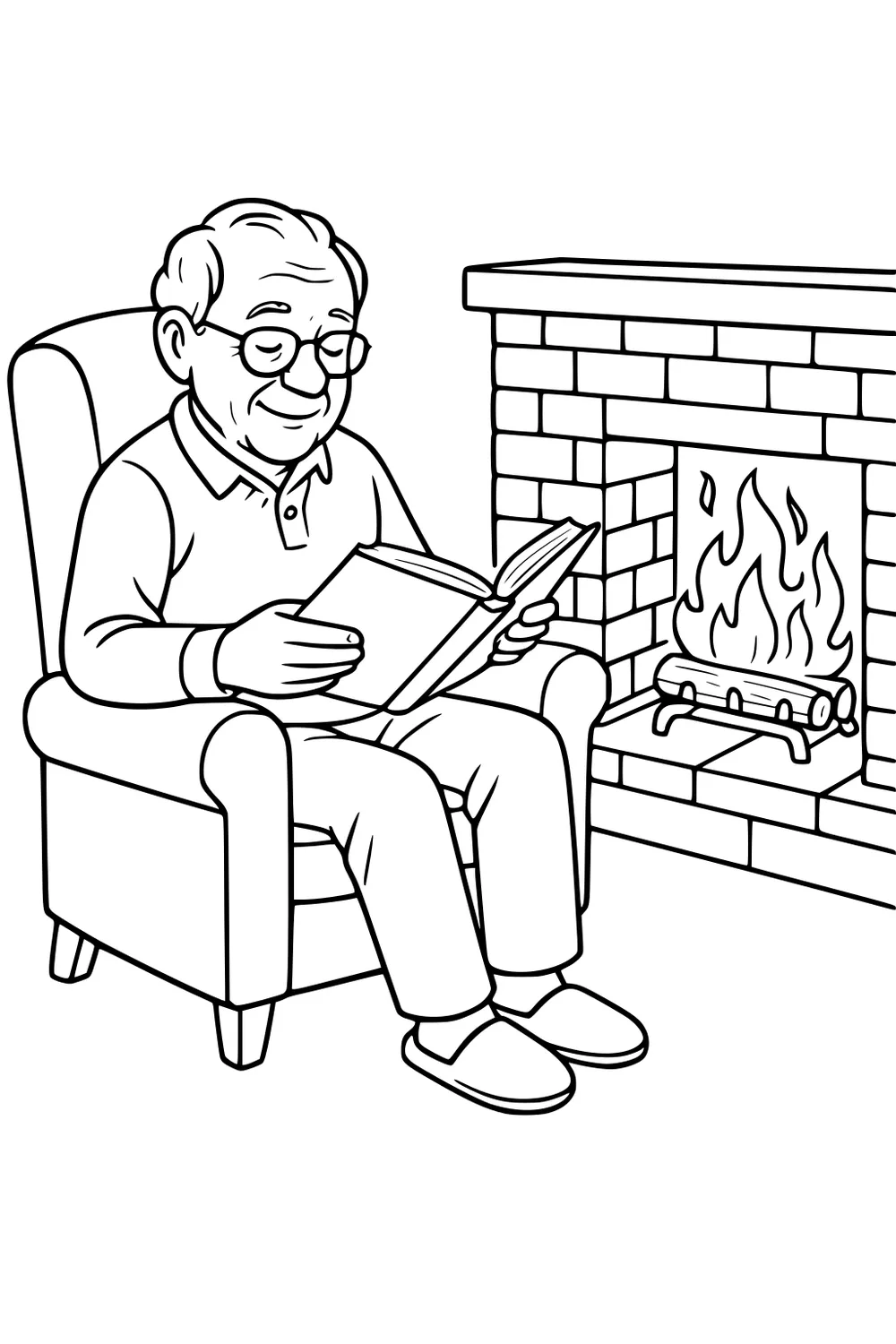 Elderly man with glasses reads in an armchair beside a brick fireplace with burning logs; he smiles and wears slippers.