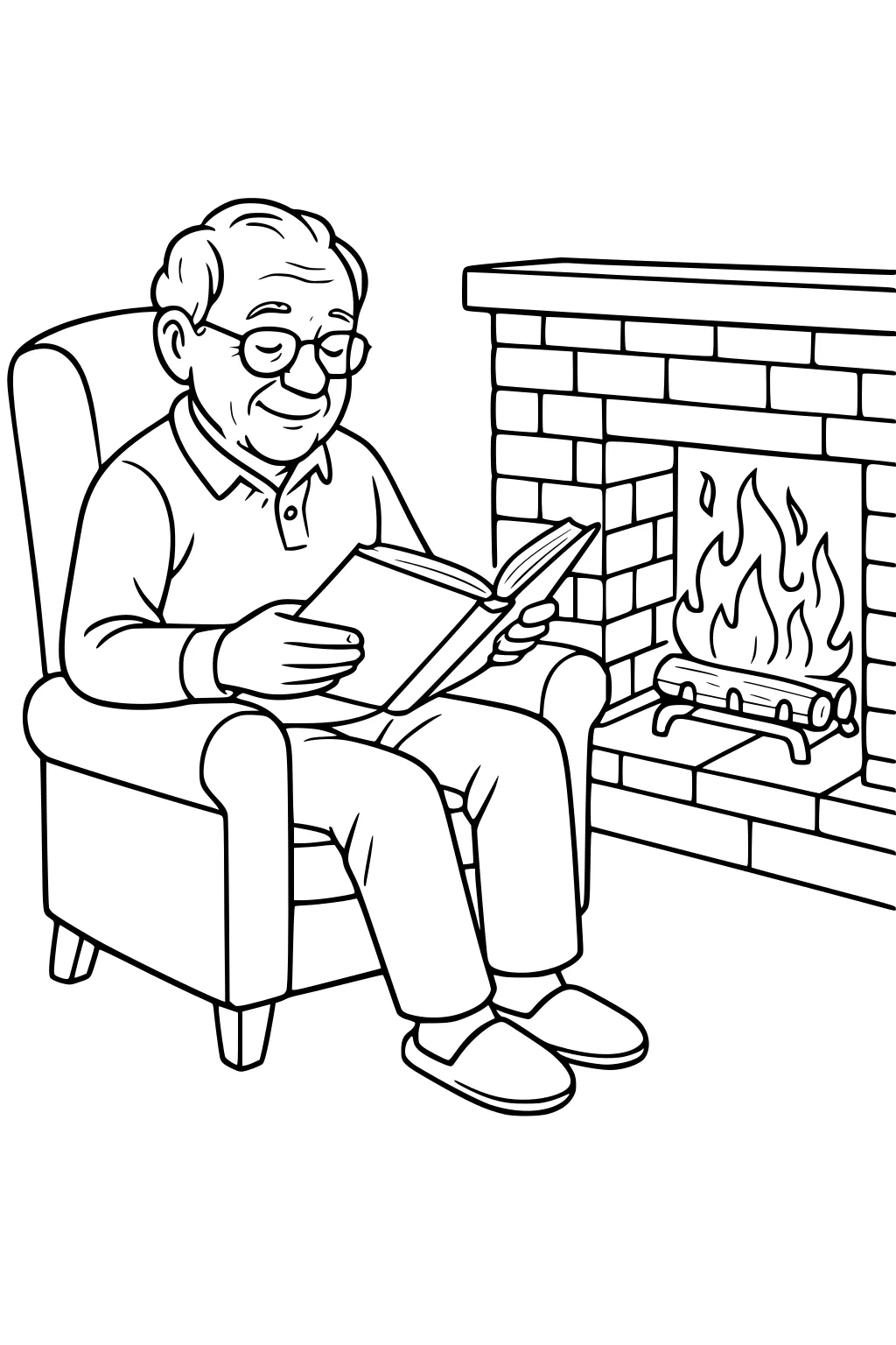 Elderly man with glasses reads in an armchair beside a brick fireplace with burning logs; he smiles and wears slippers.
