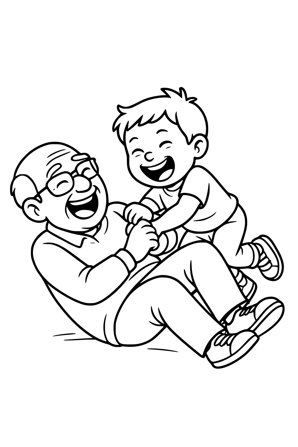 Grandfather in glasses on the floor laughing as his young grandson tickles him; both smiling, with sneakers and comfy clothes.