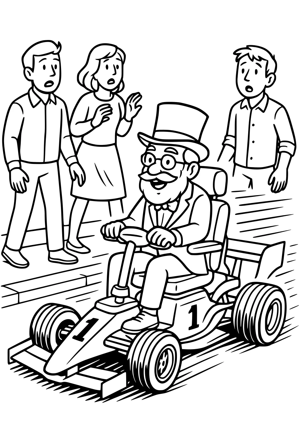 Grandpa in suit and top hat drives a number 1 go-kart past three surprised adults on the sidewalk; motion lines show speed.