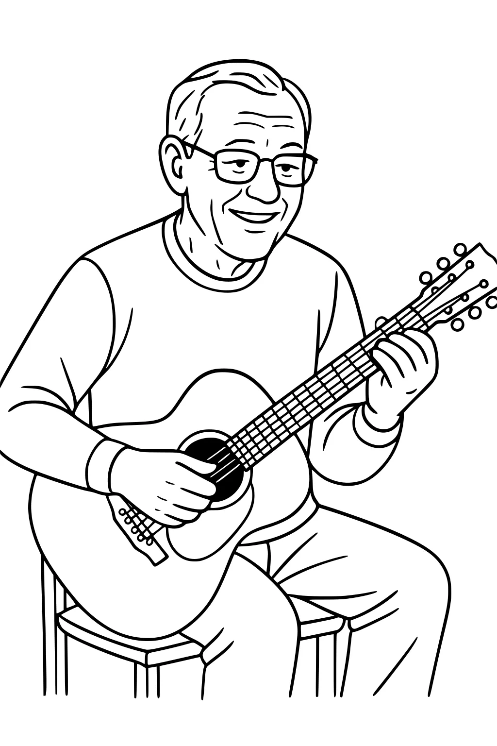 Smiling retired man with glasses plays acoustic guitar on a stool, wearing a sweater and pants, simple line art.