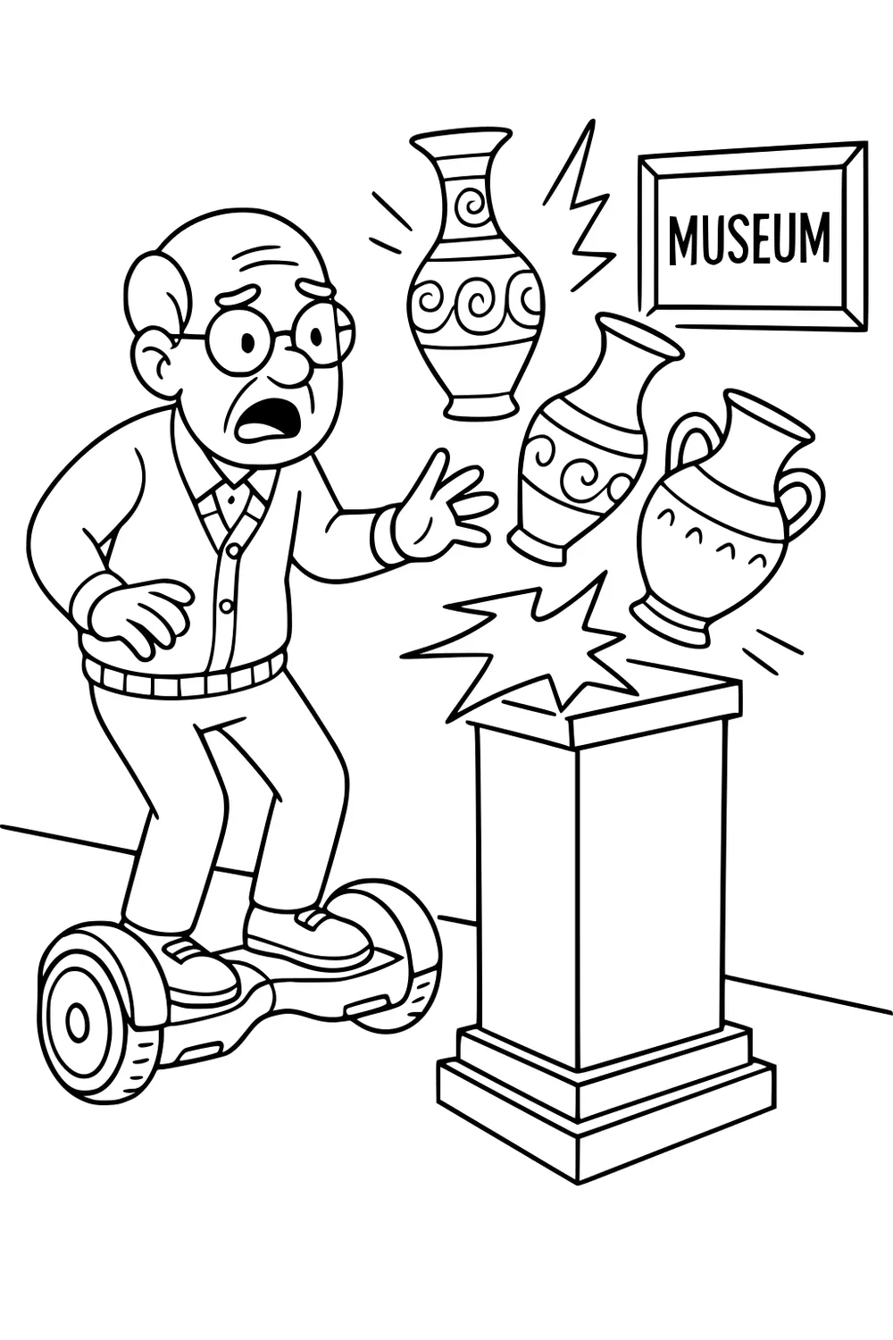 Elderly grandpa on a hoverboard reaches for three wobbling vases by a pedestal in a museum; glasses, cardigan, MUSEUM sign on wall.