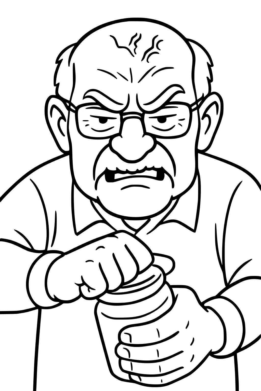 Elderly man with glasses and furrowed brow twisting a jar lid, close-up cartoon line art, collared shirt, clenched hands.