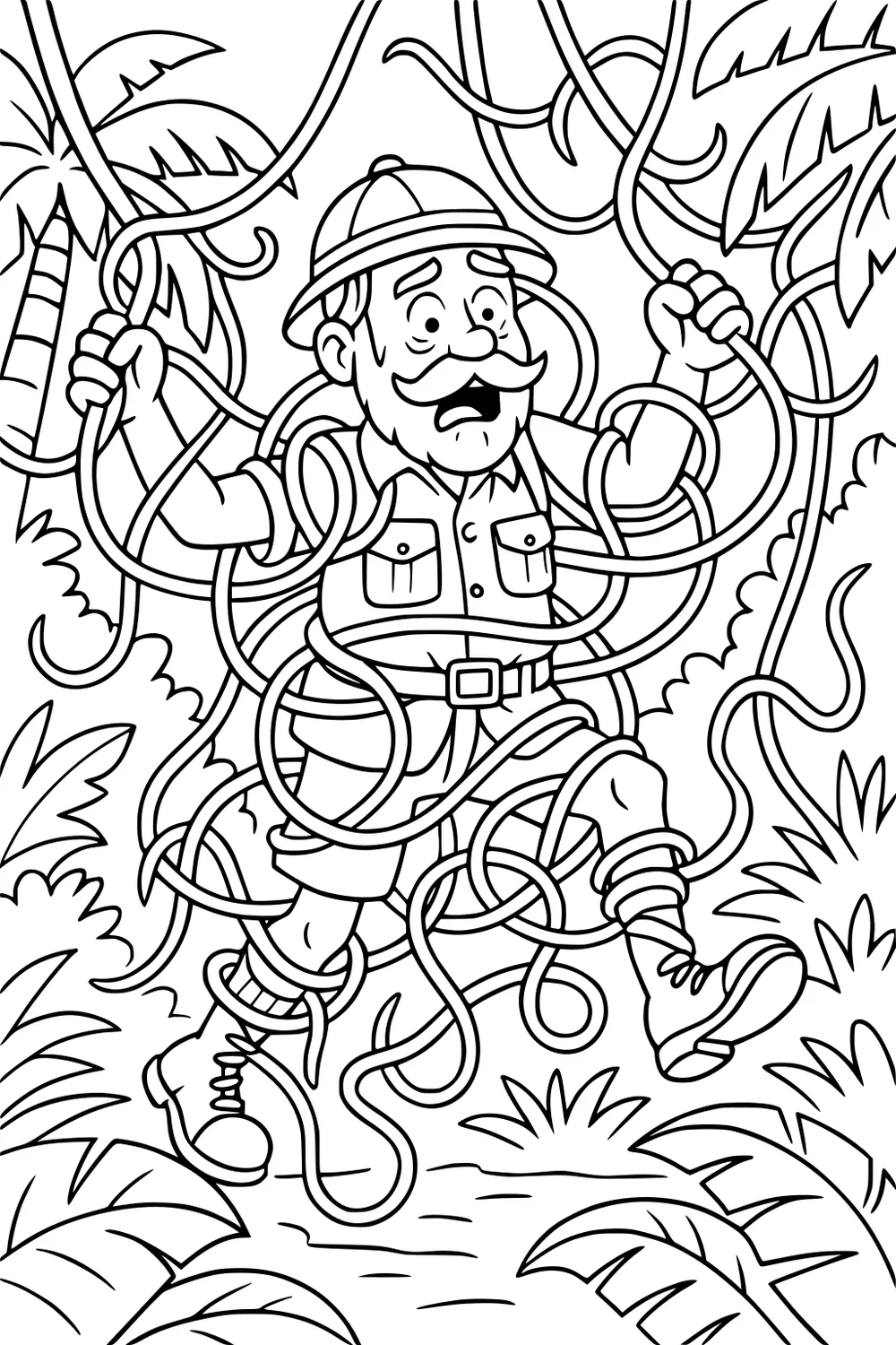 Grandpa explorer in safari hat tangled in jungle vines, gripping two vines, with boots and shorts among palm leaves on a narrow path.