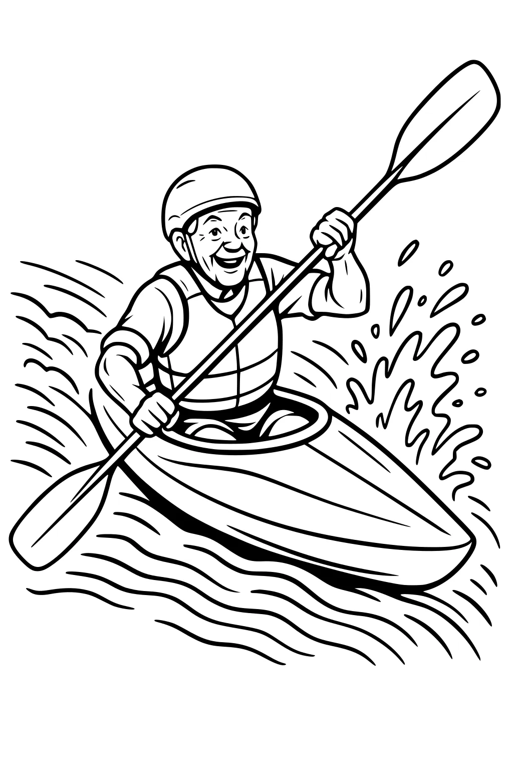 Smiling older man in helmet and life vest paddles a kayak on wavy river, splashing water to the side.
