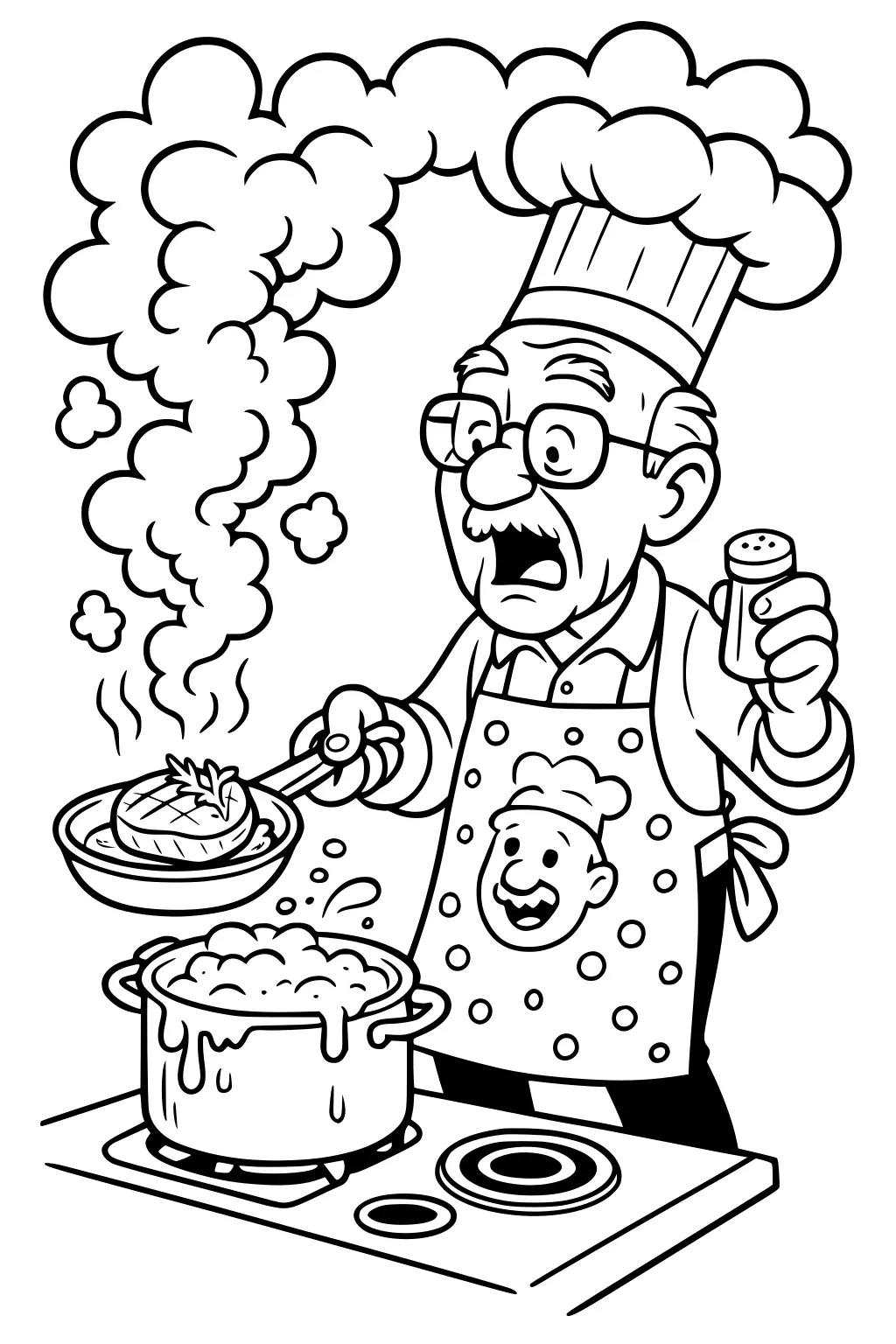 Grandpa chef in hat and polka-dot apron salts a steak as a pot boils over and big steam clouds rise from the stove.