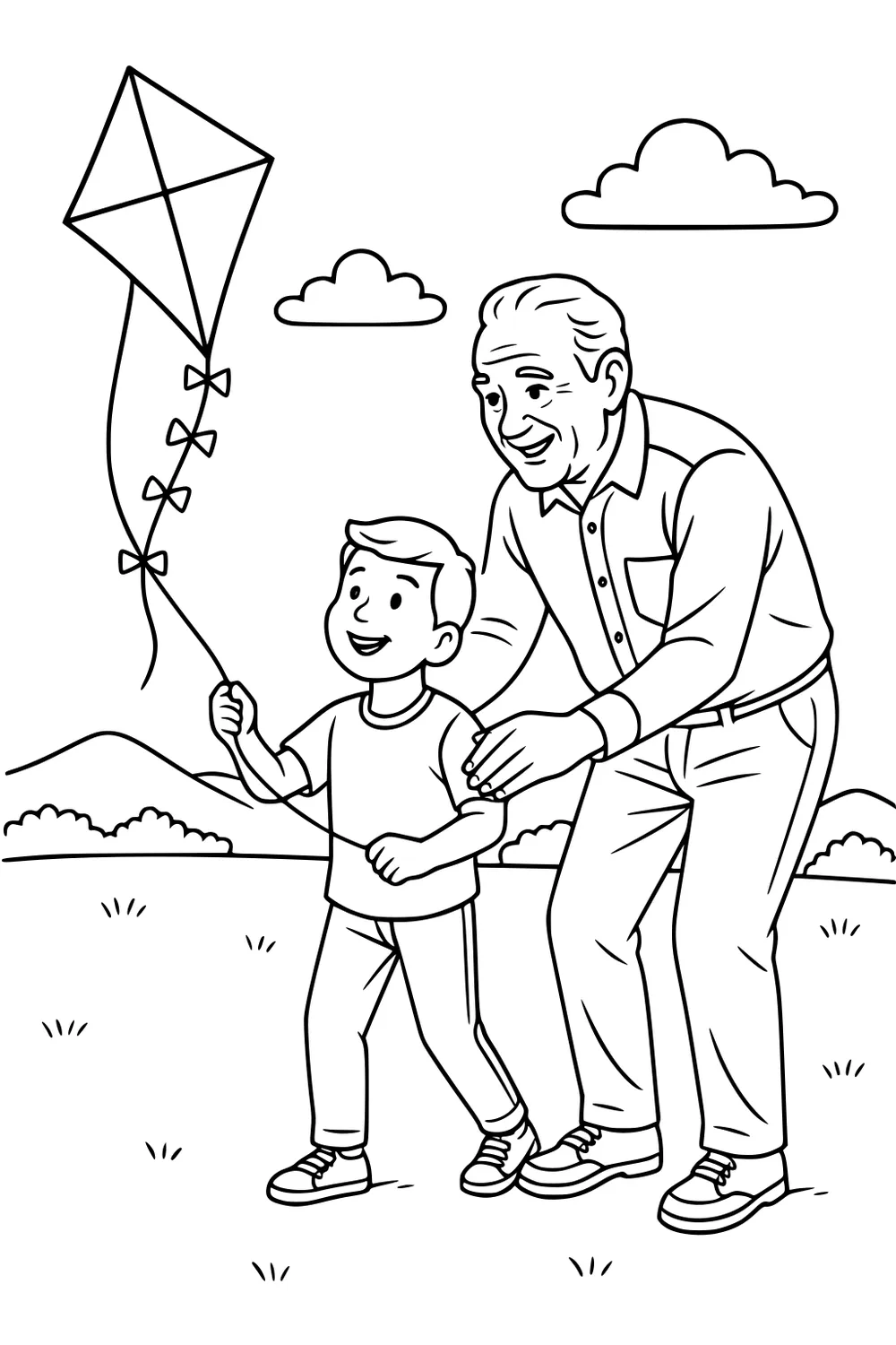 Grandfather guides a boy flying a diamond kite with bow tail in a grassy field, with clouds and distant hills behind them.