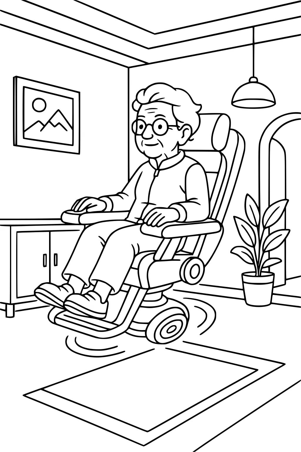 Elderly man with glasses rides a powered chair in a living room with rug, cabinet, hanging lamp, plant, and mountain picture.
