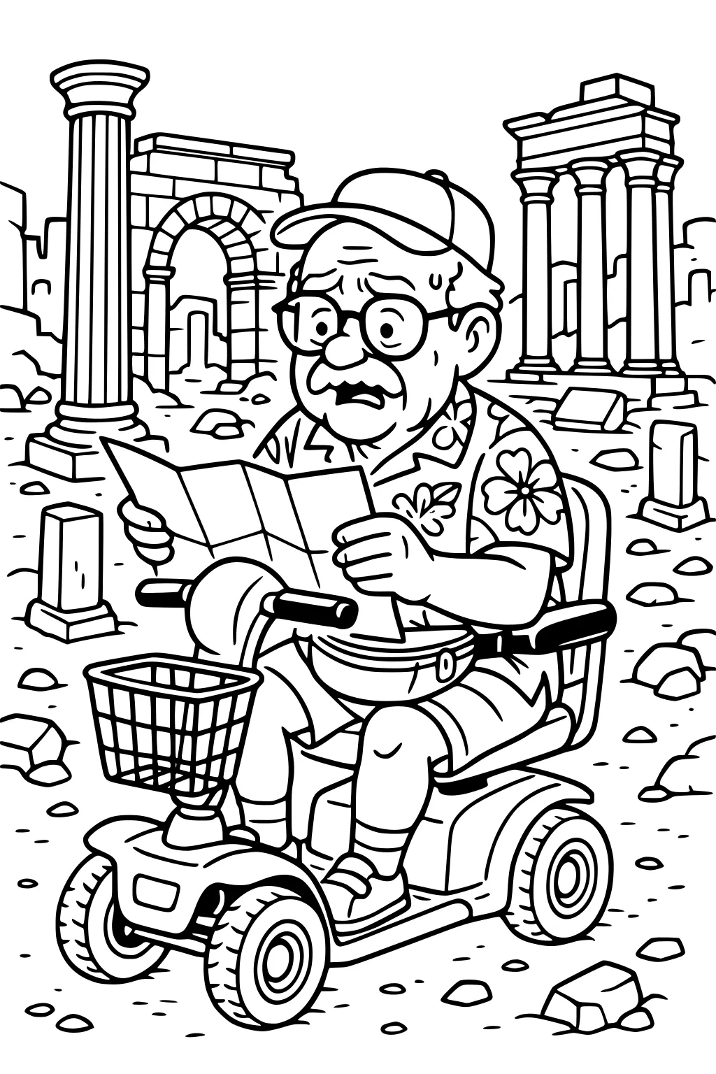 Grandpa on a mobility scooter reads a map among stone ruins with columns and an arch; rocks scatter the ground.
