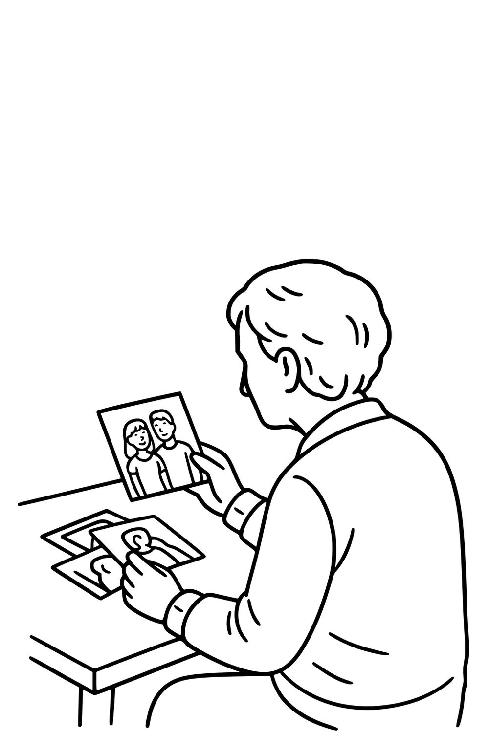 Elderly grandpa at a table holding photos, with faint memories above: waving boy, kissing couple, smiling parents, and two girls.
