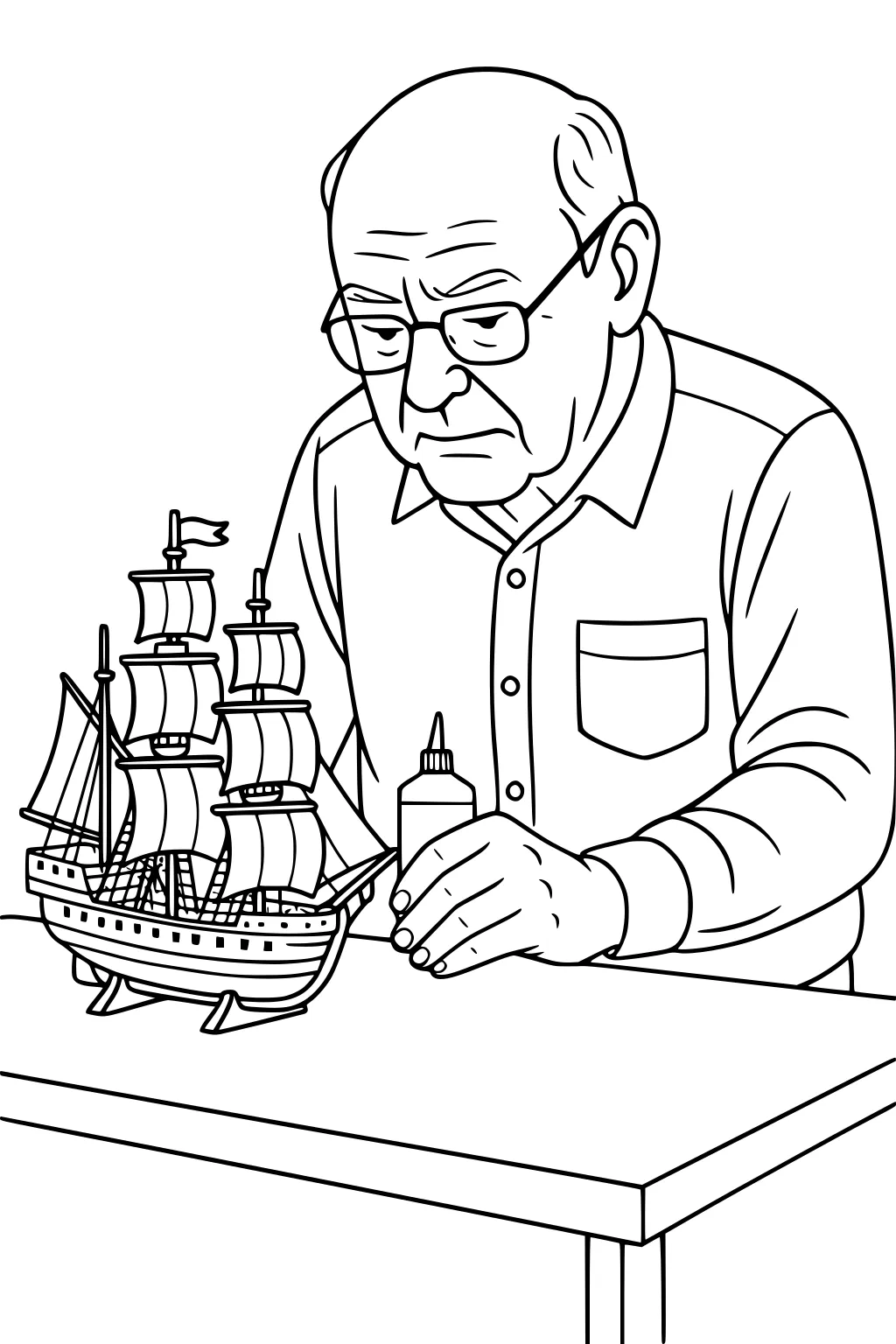 Elderly man with glasses glues a model sailing ship on a table, focused expression, collared shirt, small flag on the mast.