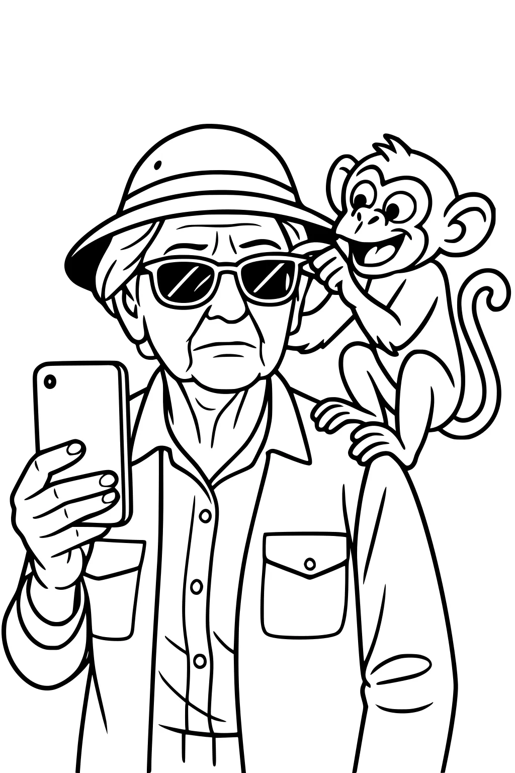 Elderly grandpa in safari hat holds phone as a smiling monkey on his shoulder adjusts his sunglasses.