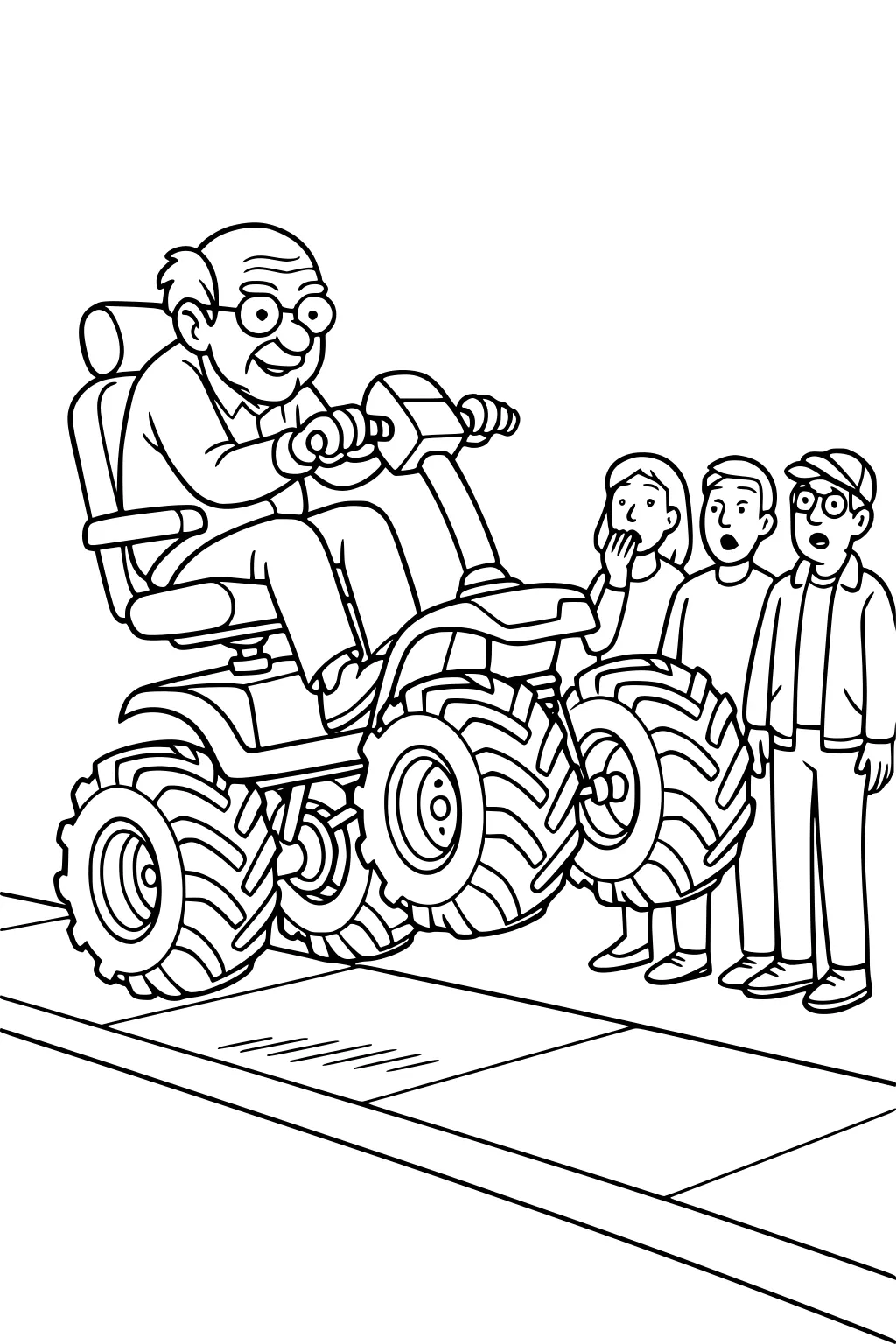 Smiling grandpa drives a monster-wheeled mobility scooter past a girl and two boys on a sidewalk.