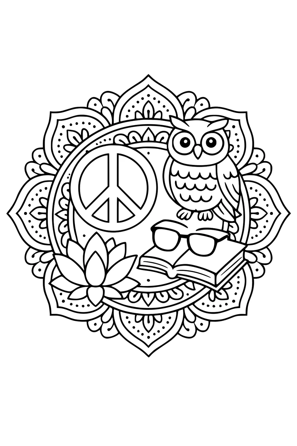 Mandala with owl on an open book and glasses, plus a peace sign and lotus flower, surrounded by detailed floral petal patterns.