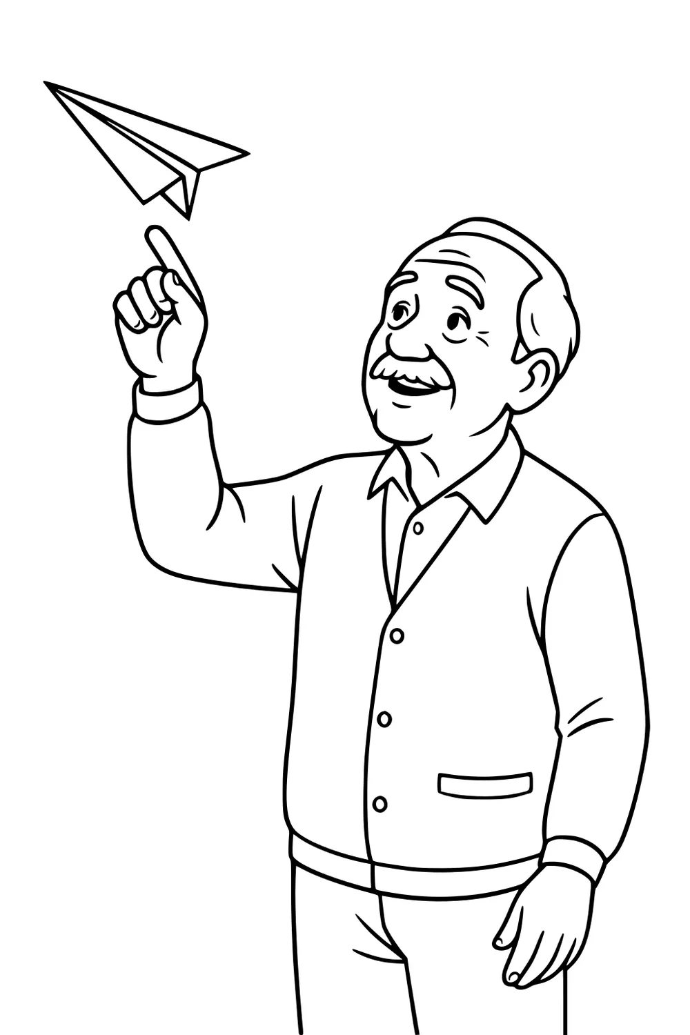 Smiling grandpa with mustache in a cardigan points up at a flying paper airplane; simple line art.