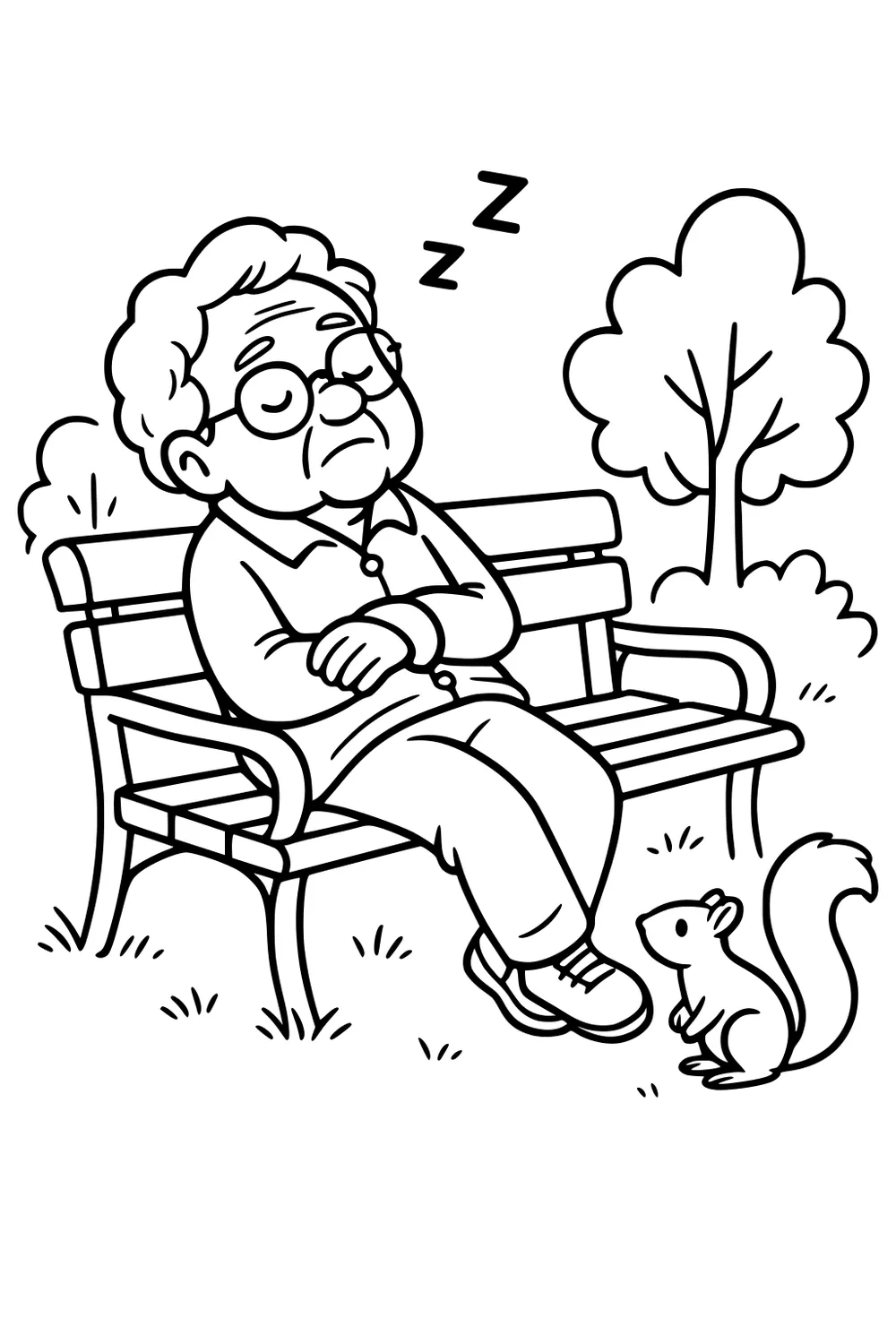 Elderly man with glasses napping on a park bench, arms folded, sneakers on, a squirrel nearby, with simple trees and grass around.