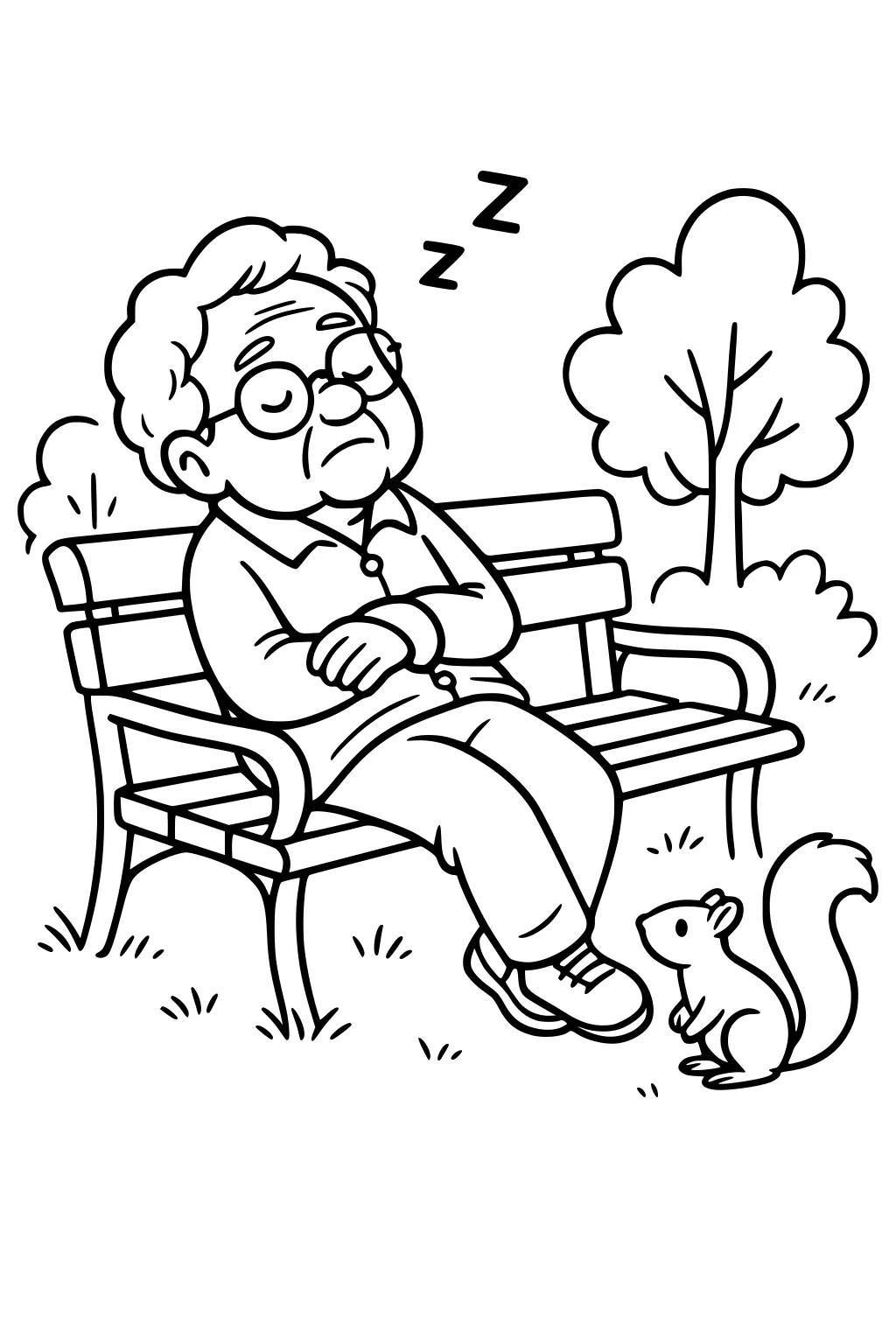 Elderly man with glasses napping on a park bench, arms folded, sneakers on, a squirrel nearby, with simple trees and grass around.