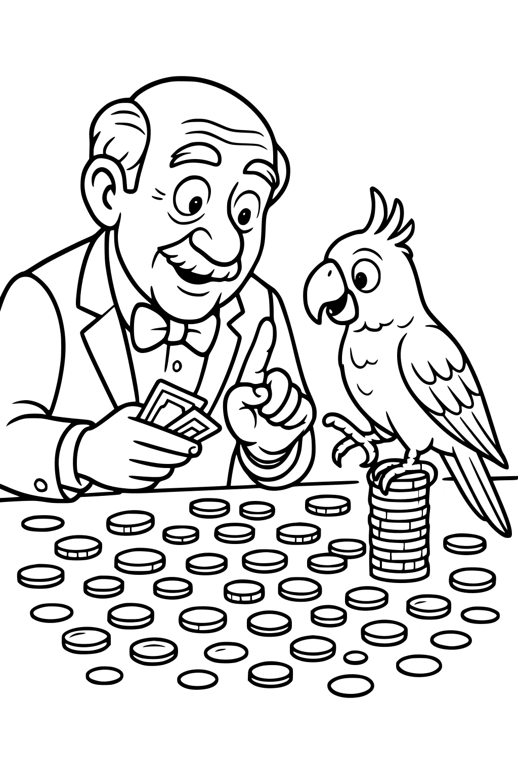 Grandfather in bow tie counts coins as a parrot perches on a tall coin stack at a table covered with scattered coins.