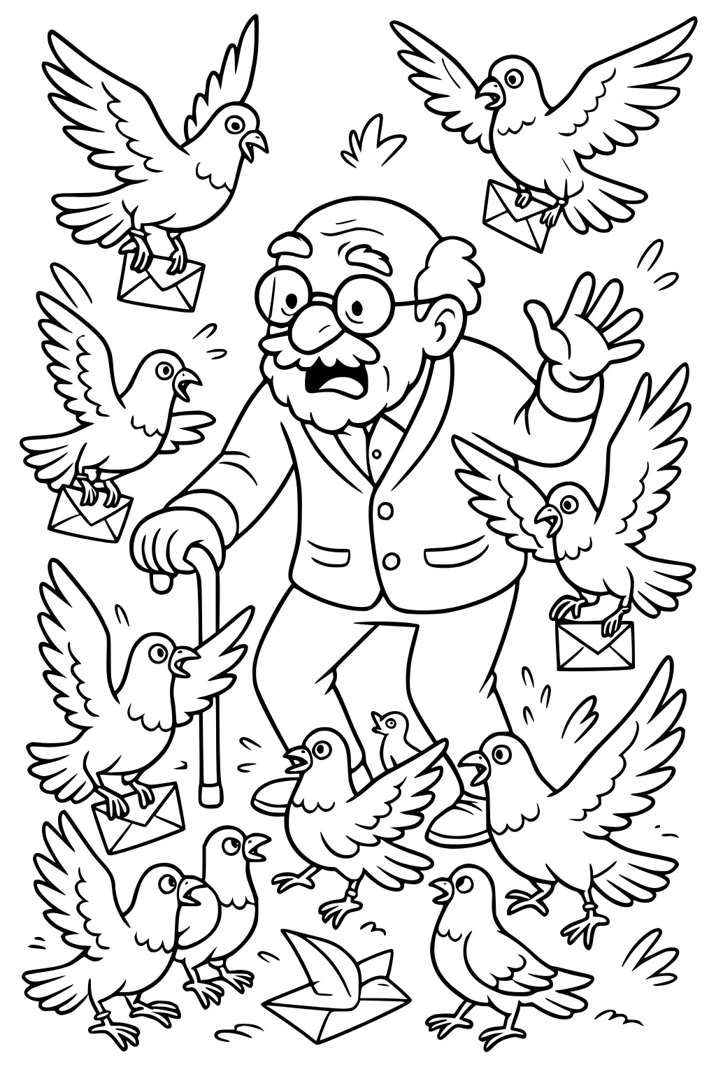 Grandpa with cane and glasses surrounded by pigeons carrying envelopes, birds flap at his feet with grass and a paper boat.