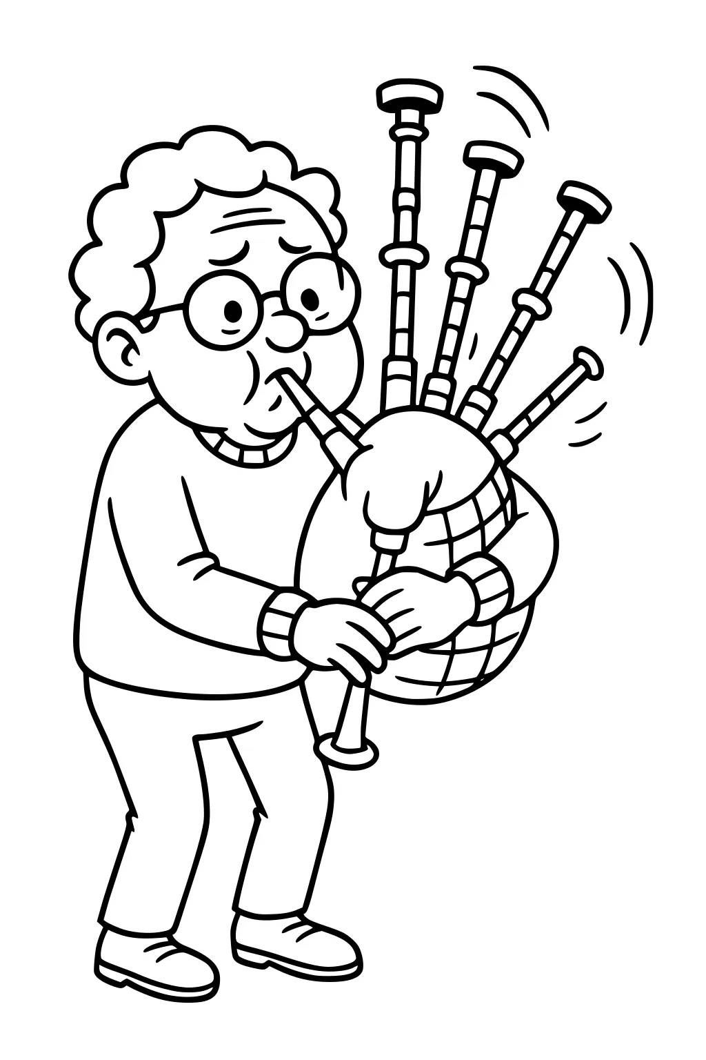 Grandpa with round glasses plays bagpipes, squeezing a checkered bag under his arm; four pipes rise with motion lines showing sound.