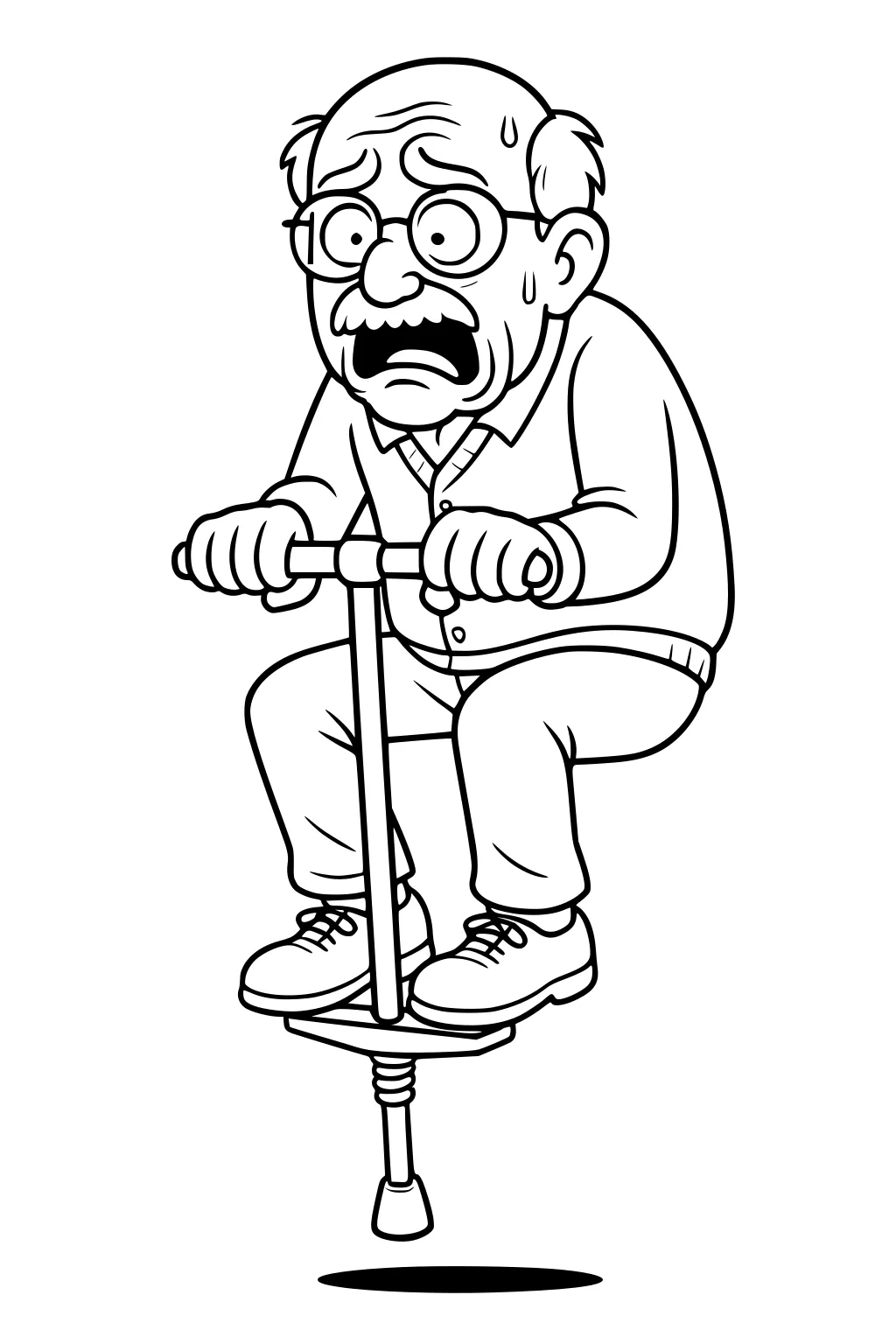 Cartoon grandpa bouncing on a pogo stick, sweating and wide-eyed, in glasses, cardigan, collared shirt, pants, and sneakers.