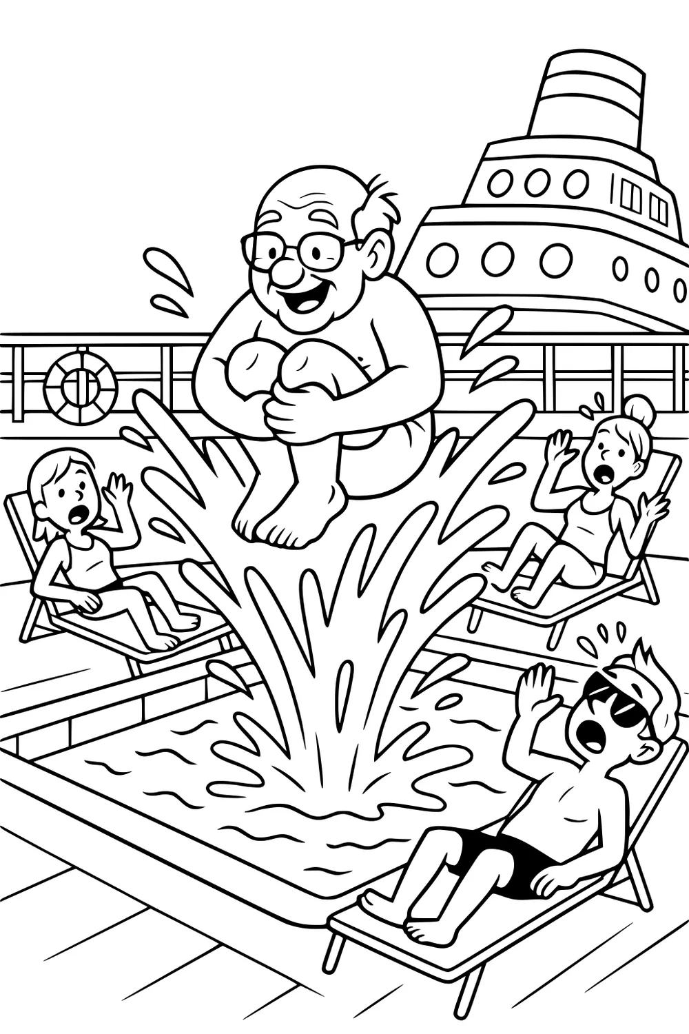 Grandpa doing a cannonball into a pool on a cruise ship deck, huge splash, two girls and a boy on lounge chairs reacting.
