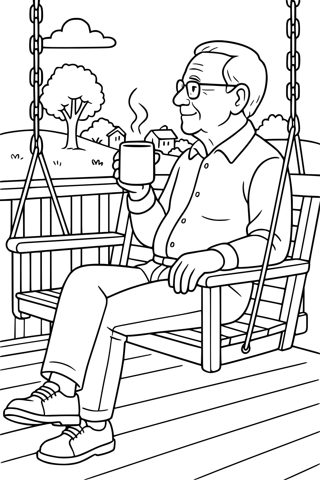 Smiling grandpa on a porch swing holds a steaming mug with hills, trees, small houses, and deck railing in the background.