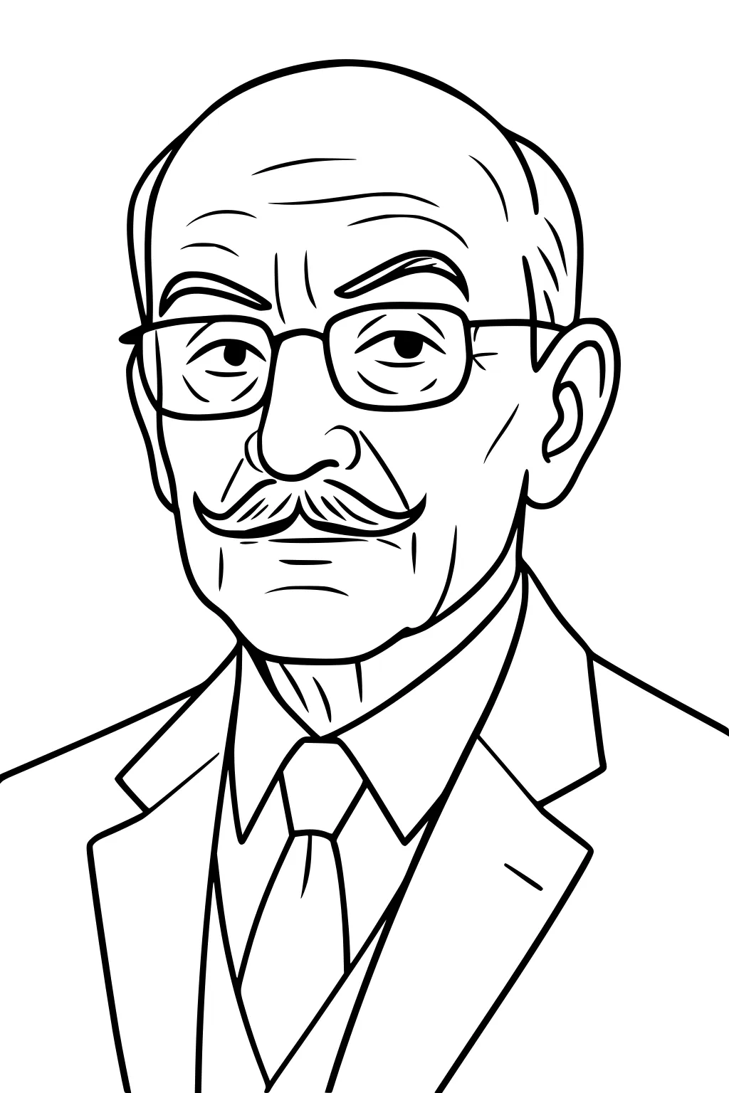 Bald elderly man with glasses and mustache wearing a suit and tie, front-facing portrait line art.