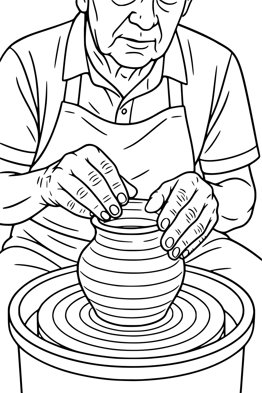 Older man in apron shaping a clay pot on a spinning pottery wheel; close-up of hands and rim, retirement hobby line art.